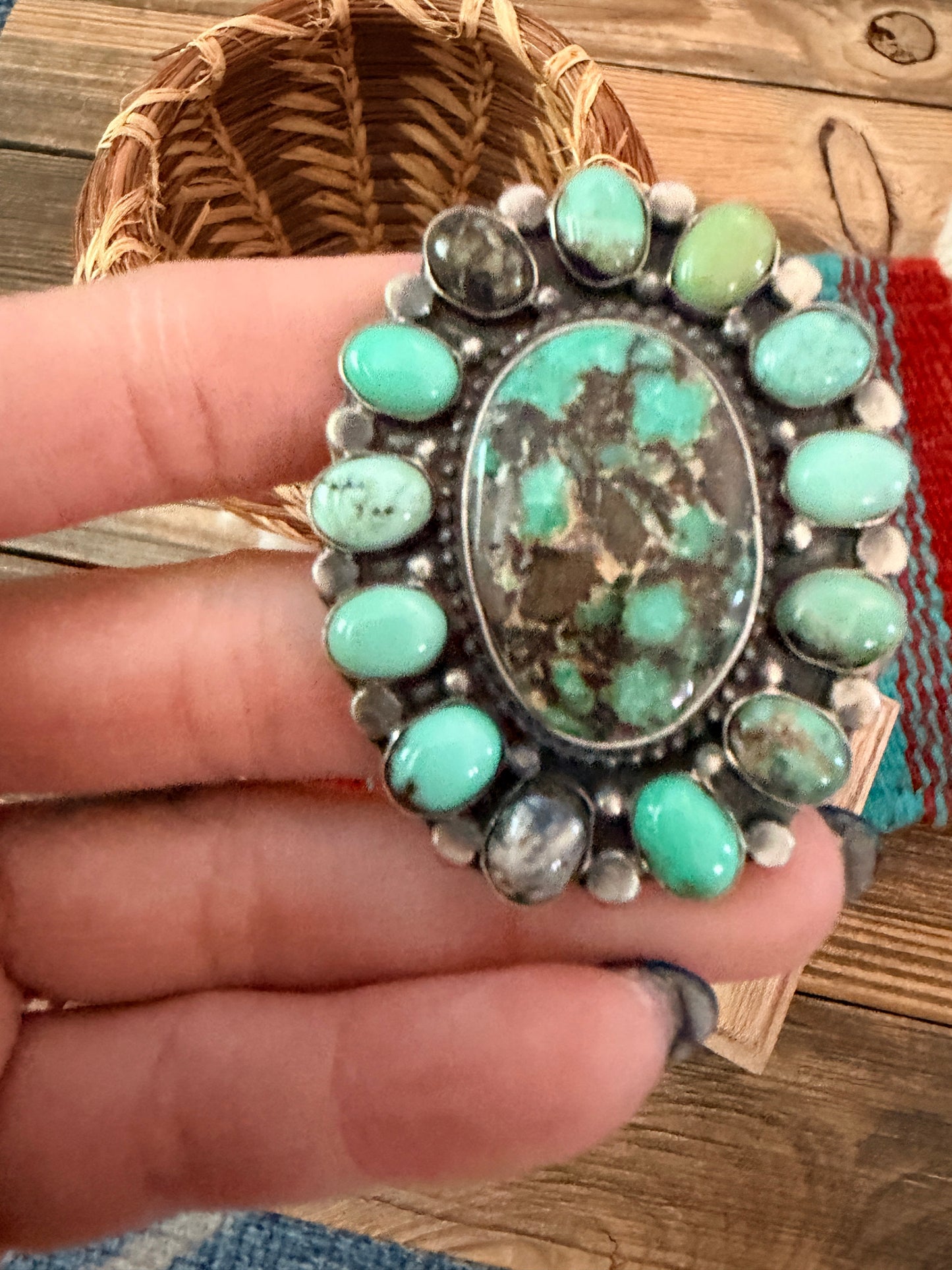 Handcrafted Multi Turquoise & Sterling Silver Cluster Ring by Sheila Becenti Size 8.25