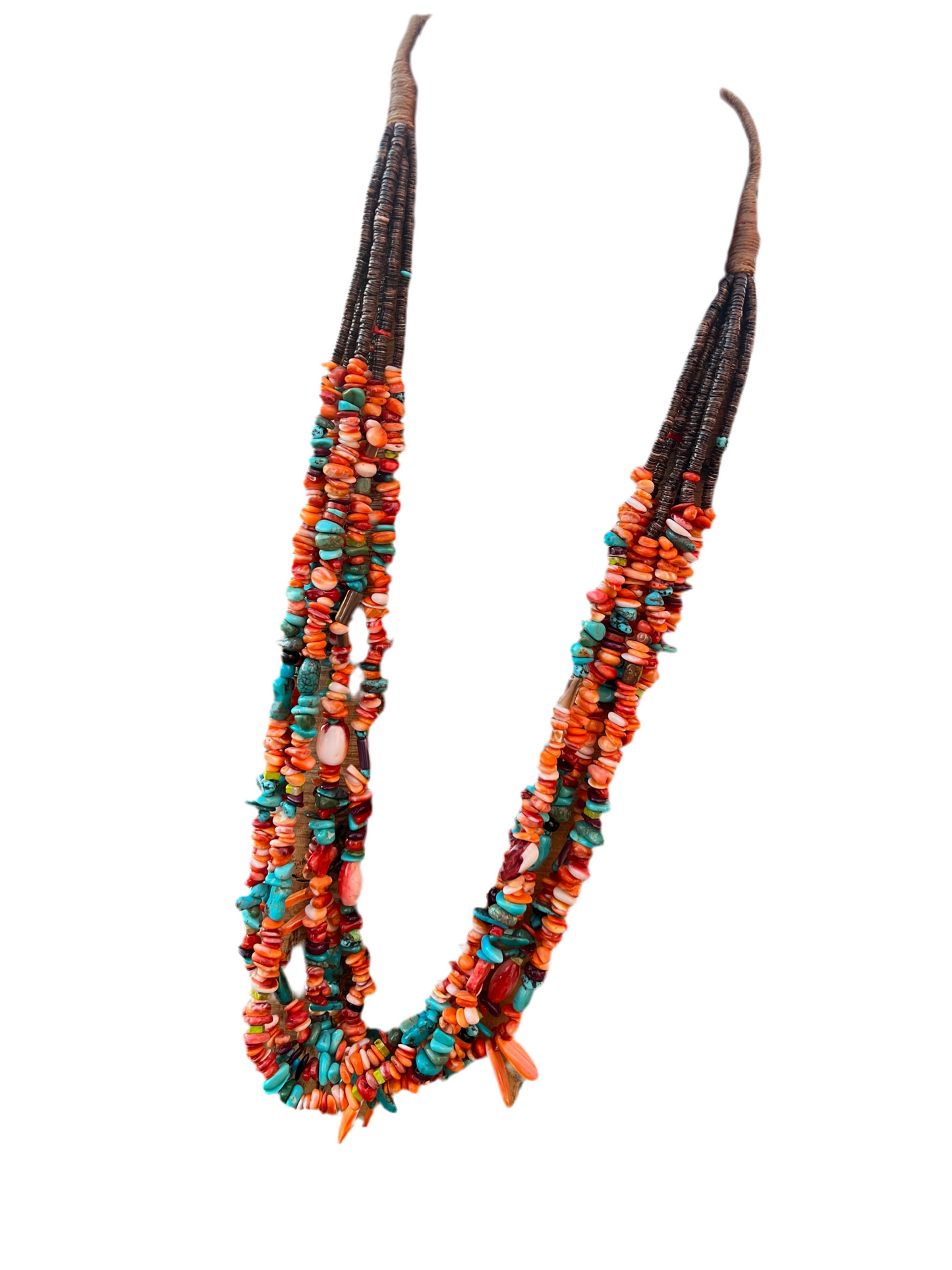 Gorgeous Handcrafted Made Six Strand Spiny Oyster and Turquoise Beaded Squaw Wrap Necklace with Spiny Oyster Tabs