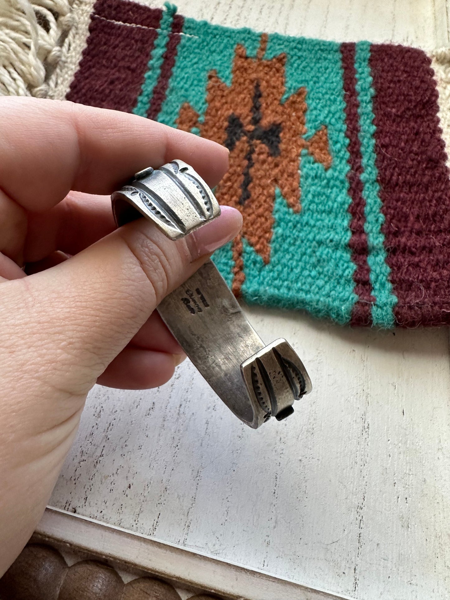 Navajo 3Stone Queen Pink Conch Shell & Sterling Silver Cuff Bracelet by Chimney Butte