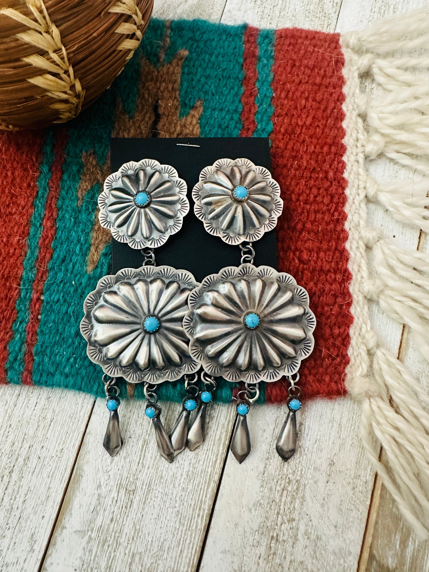 Handcrafted Sterling Silver & Turquoise Concho Dangle Earrings