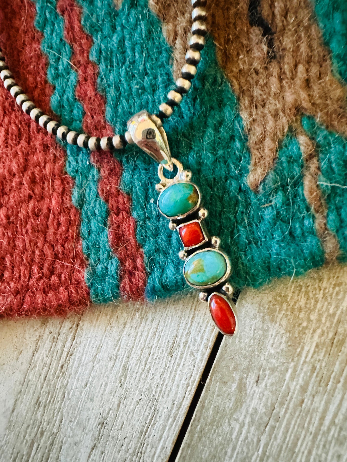 ** Christmas Collection ** Handmade Sterling Silver, Coral & Turquoise Pendant Signed Nizhoni