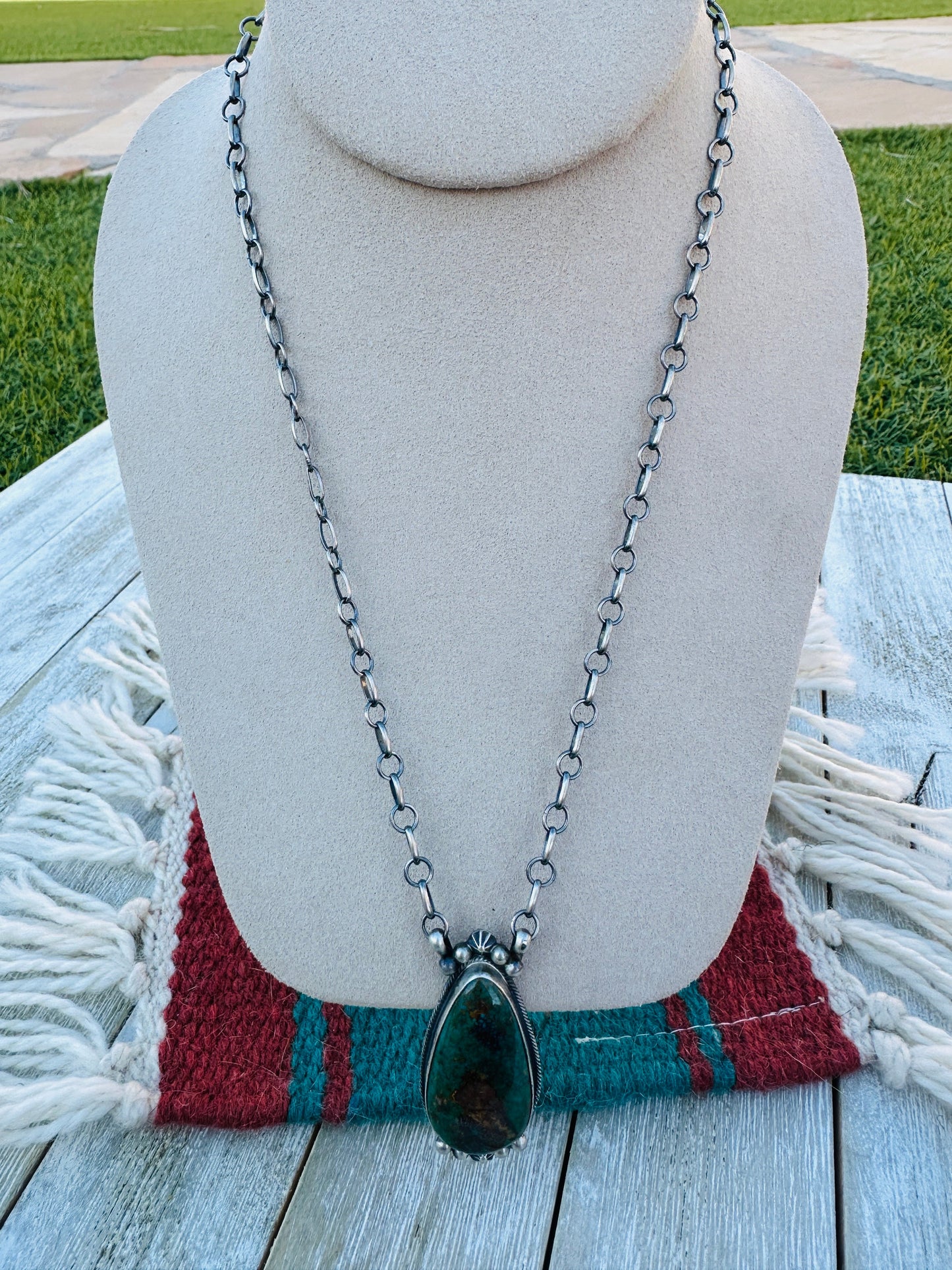 Handcrafted Sterling Silver 18” Link Chain & Royston Turquoise Necklace