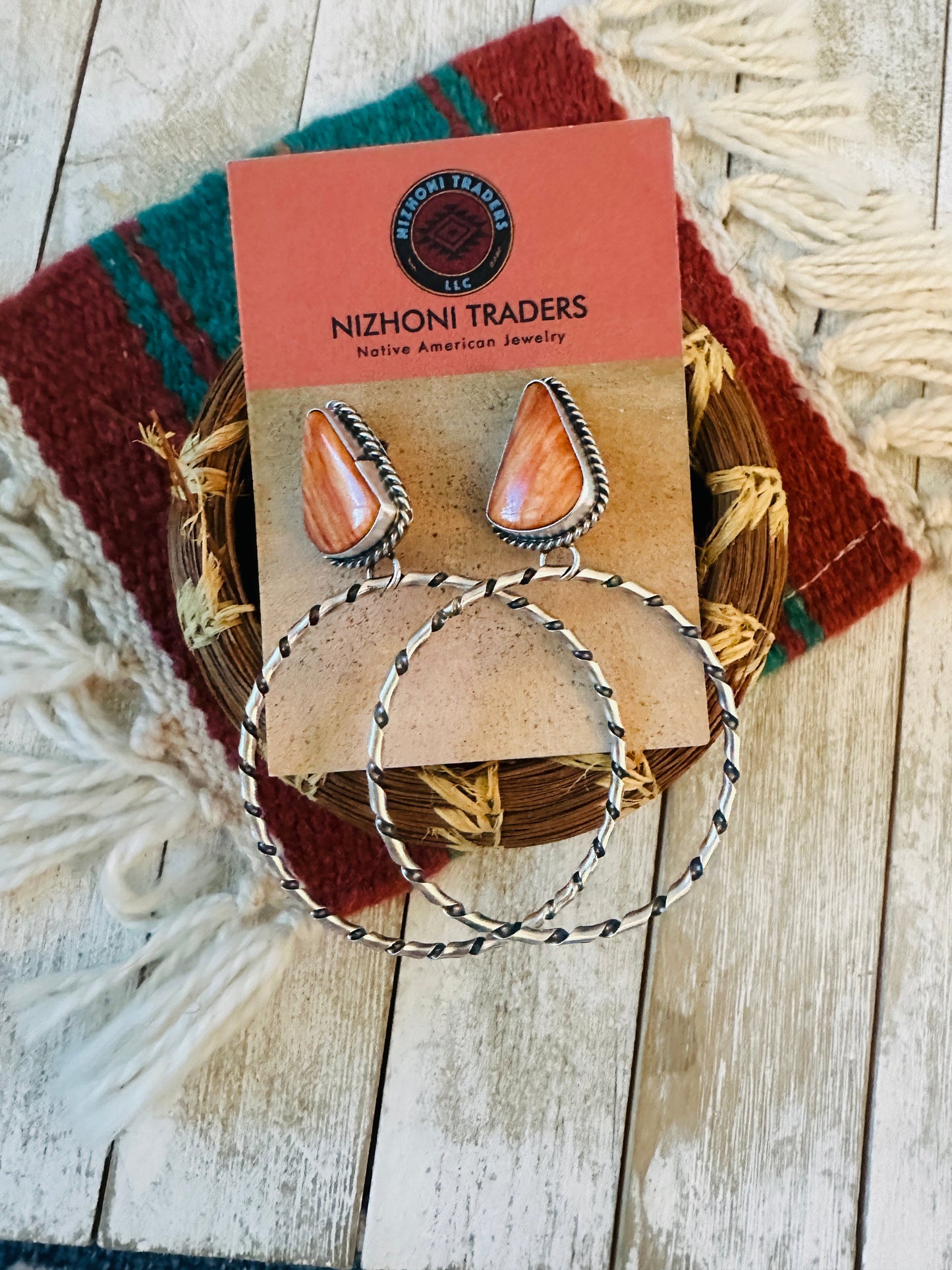 Handcrafted Orange Spiny and Sterling Silver Dangle Hoop Earrings