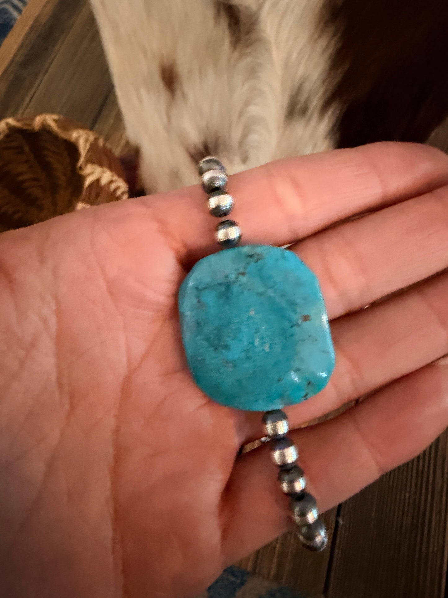 Handcrafted Kingman Turquoise & Sterling Silver Pearl 18” Beaded Necklace