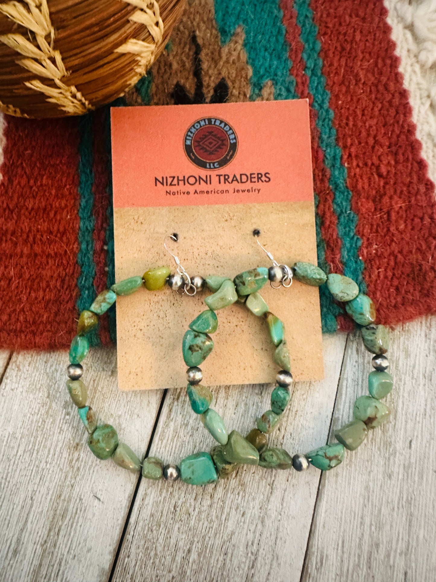 Handcrafted Turquoise and Sterling Silver Beaded Dangle Hoop Earrings