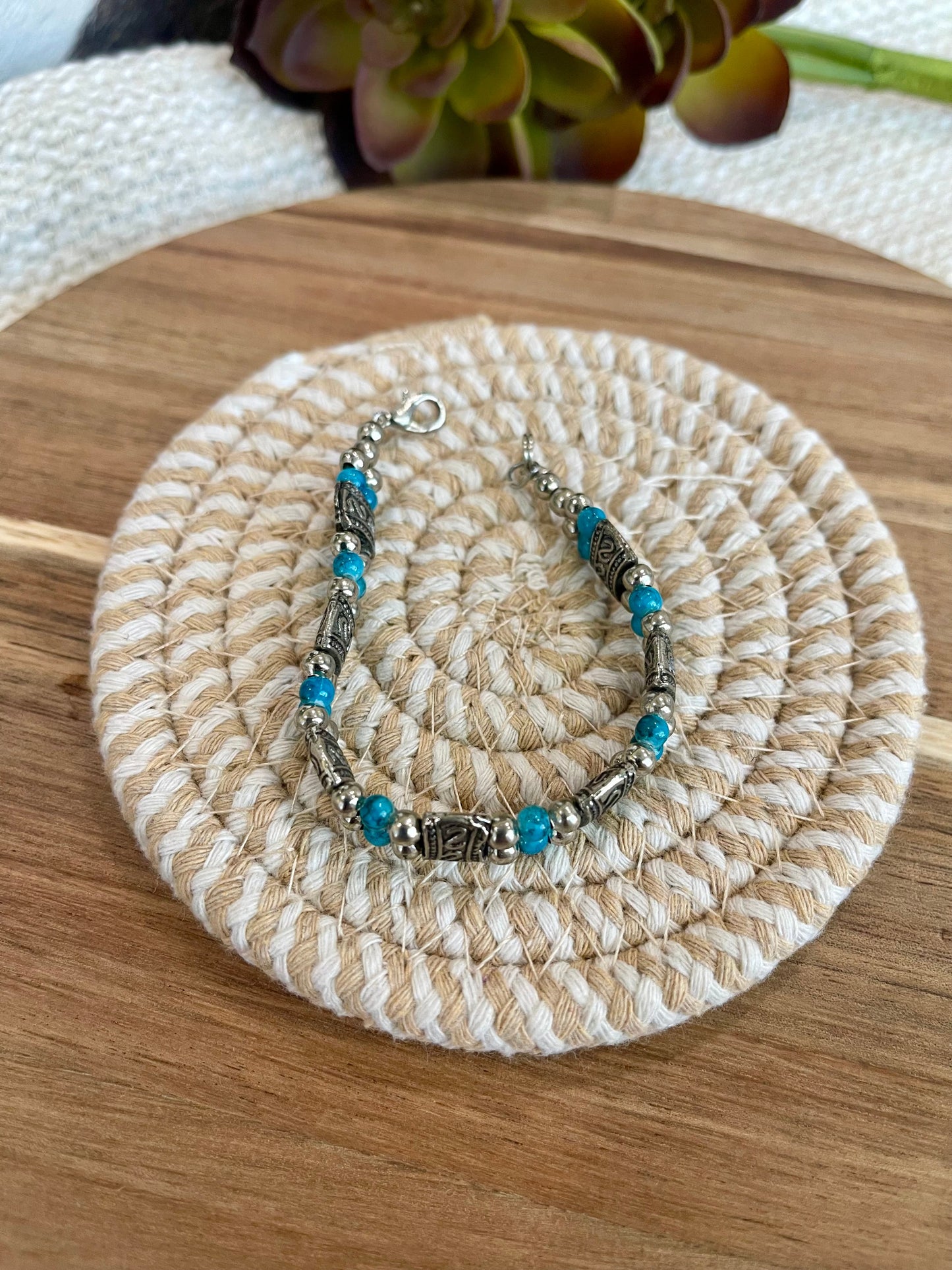 Vintage Handmade Silver & Faux Turquoise Link Bracelet