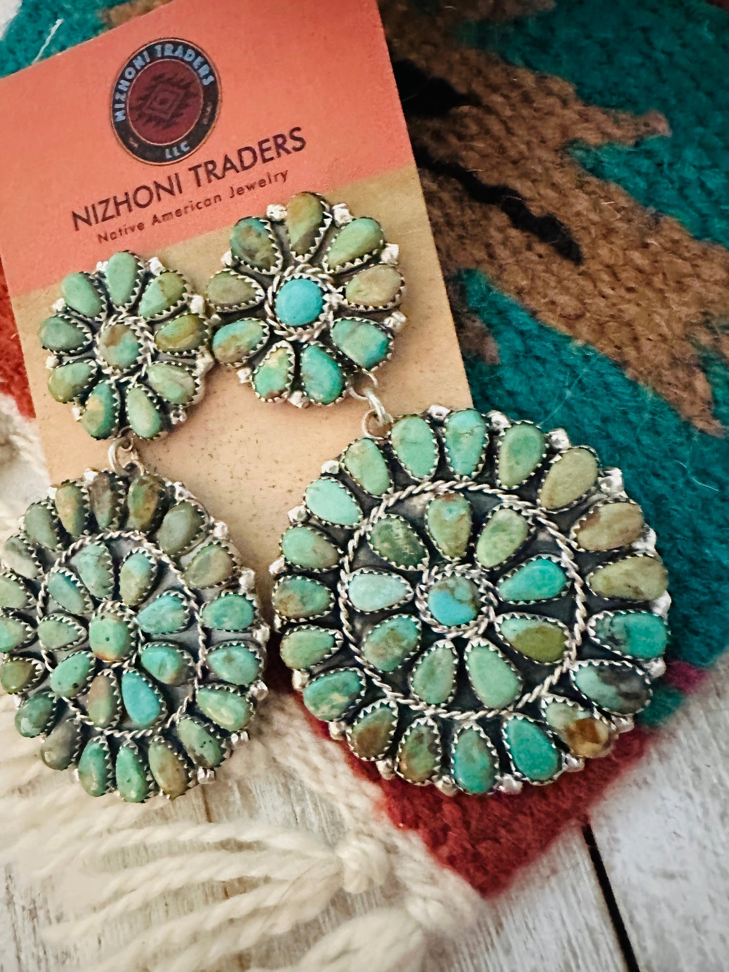 Handcrafted Royston Turquoise & Sterling Silver Cluster Dangle Earrings