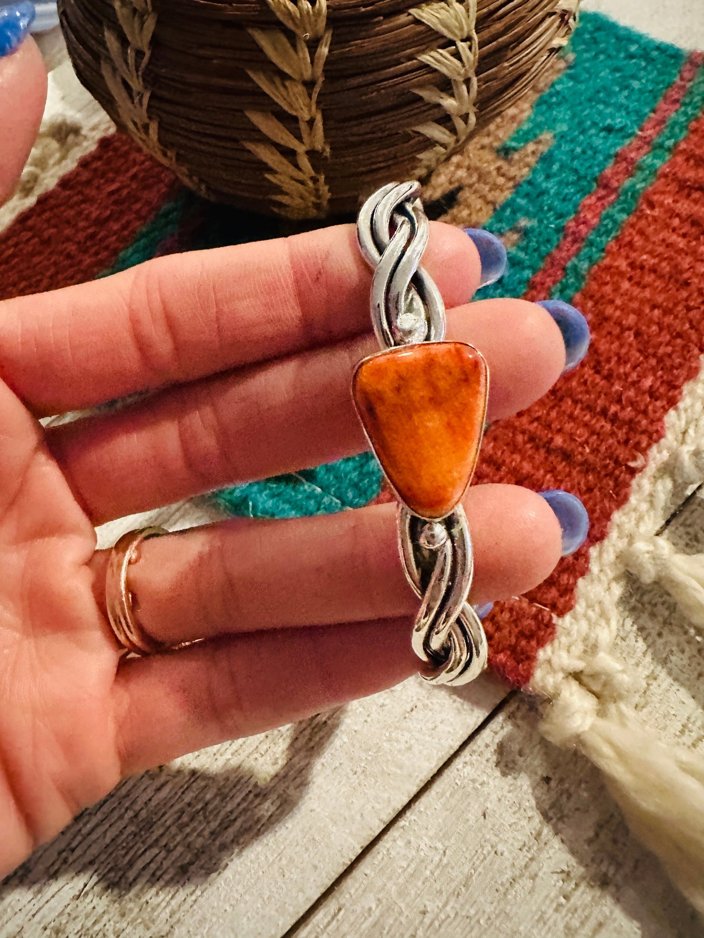 Navajo Orange Spiny & Sterling Silver Twisted Cuff Bracelet