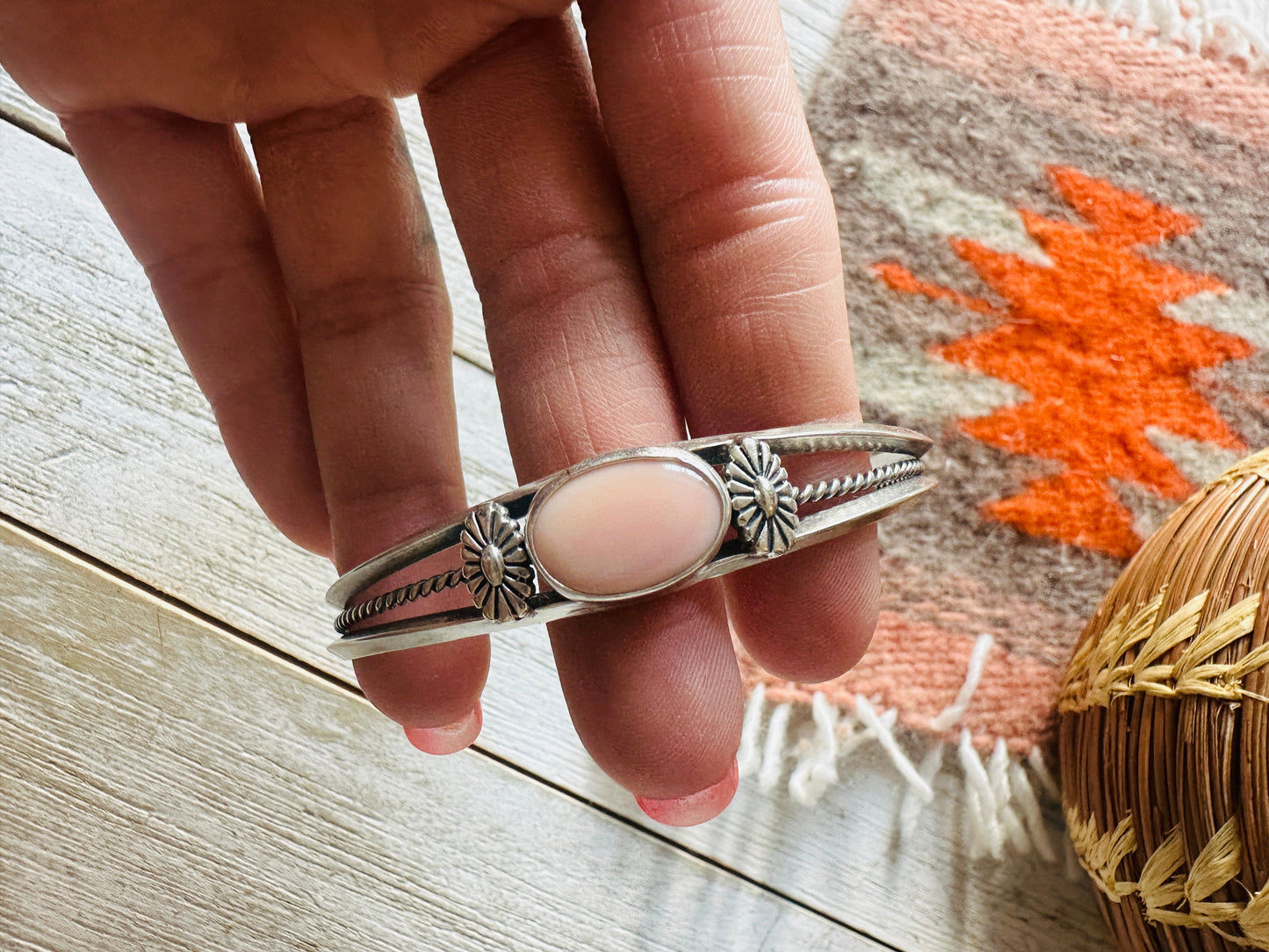 Queen Pink Conch Shell & Sterling Silver Cuff Bracelet