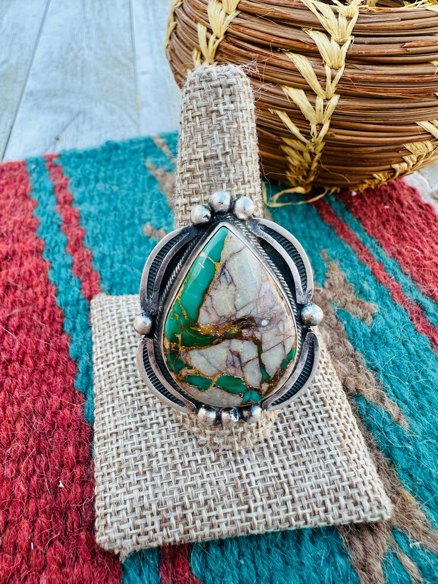 Hand Crafted Ribbon Turquoise & Sterling Silver Ring Size 9.5