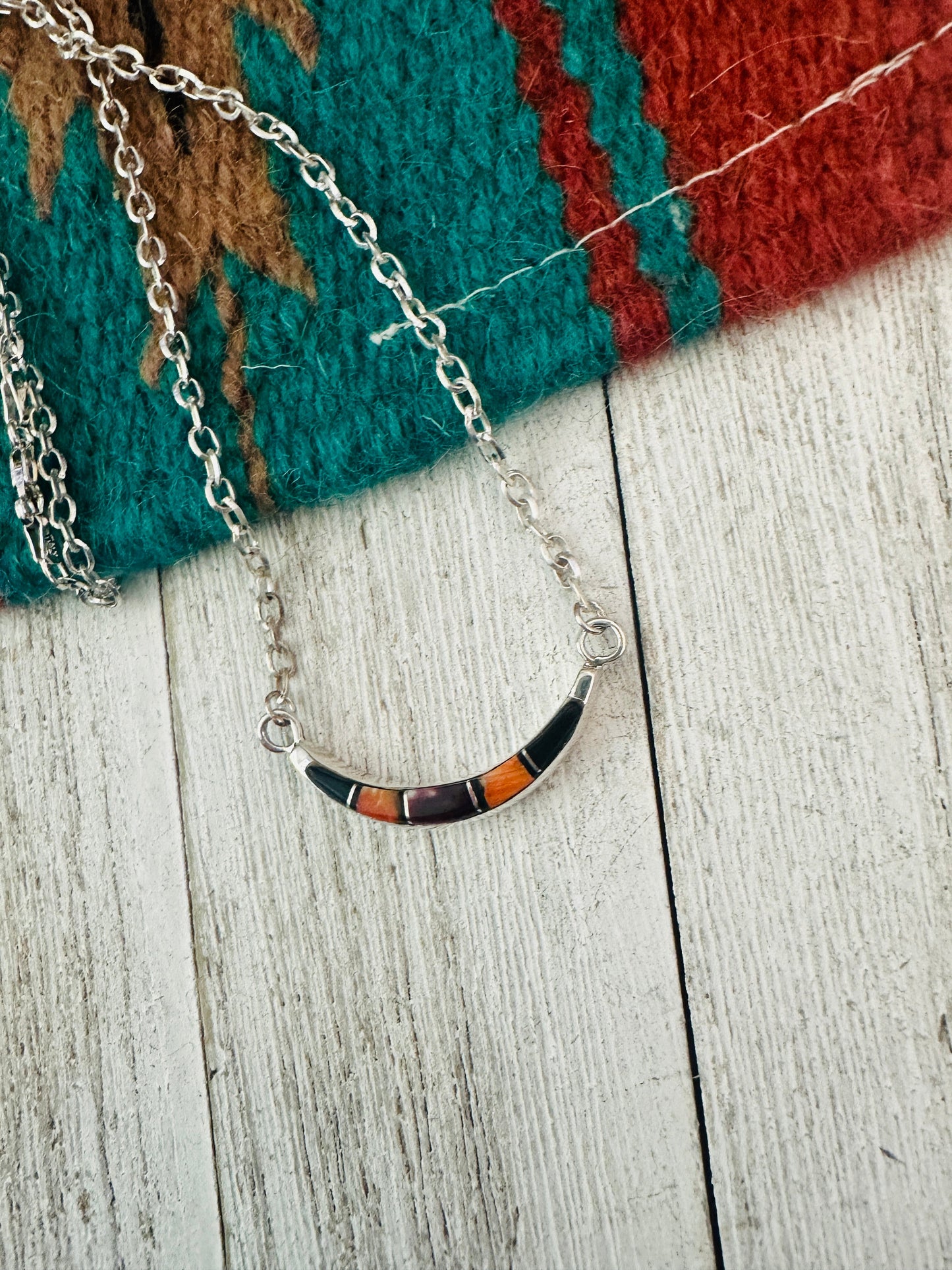Handcrafted Sterling Silver, Onyx & Spiny Inlay Crescent Necklace