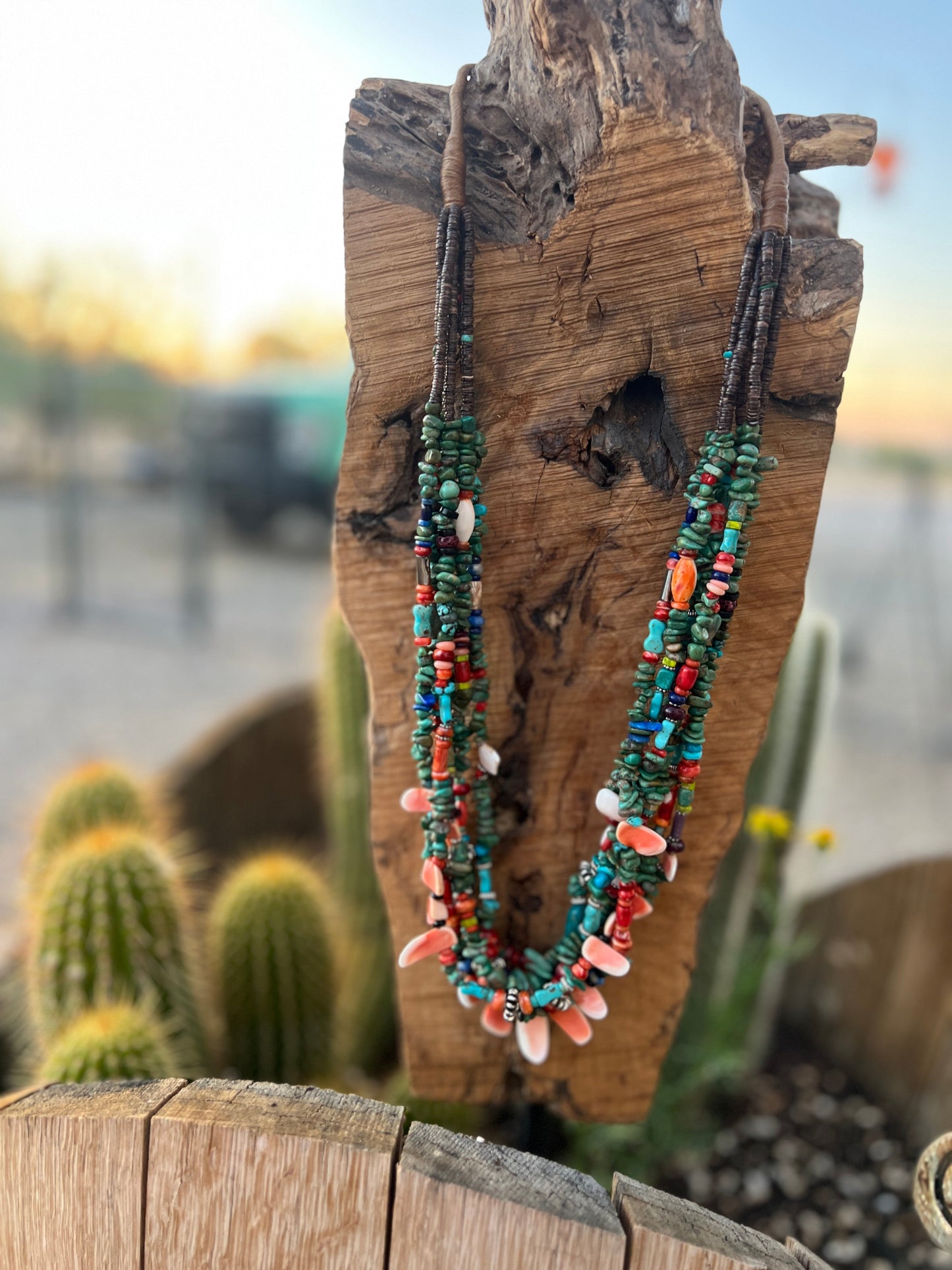 Gorgeous Handcrafted Made Six Strand Turquoise and Spiny Oyster Beaded Squaw Wrap Necklace, Green