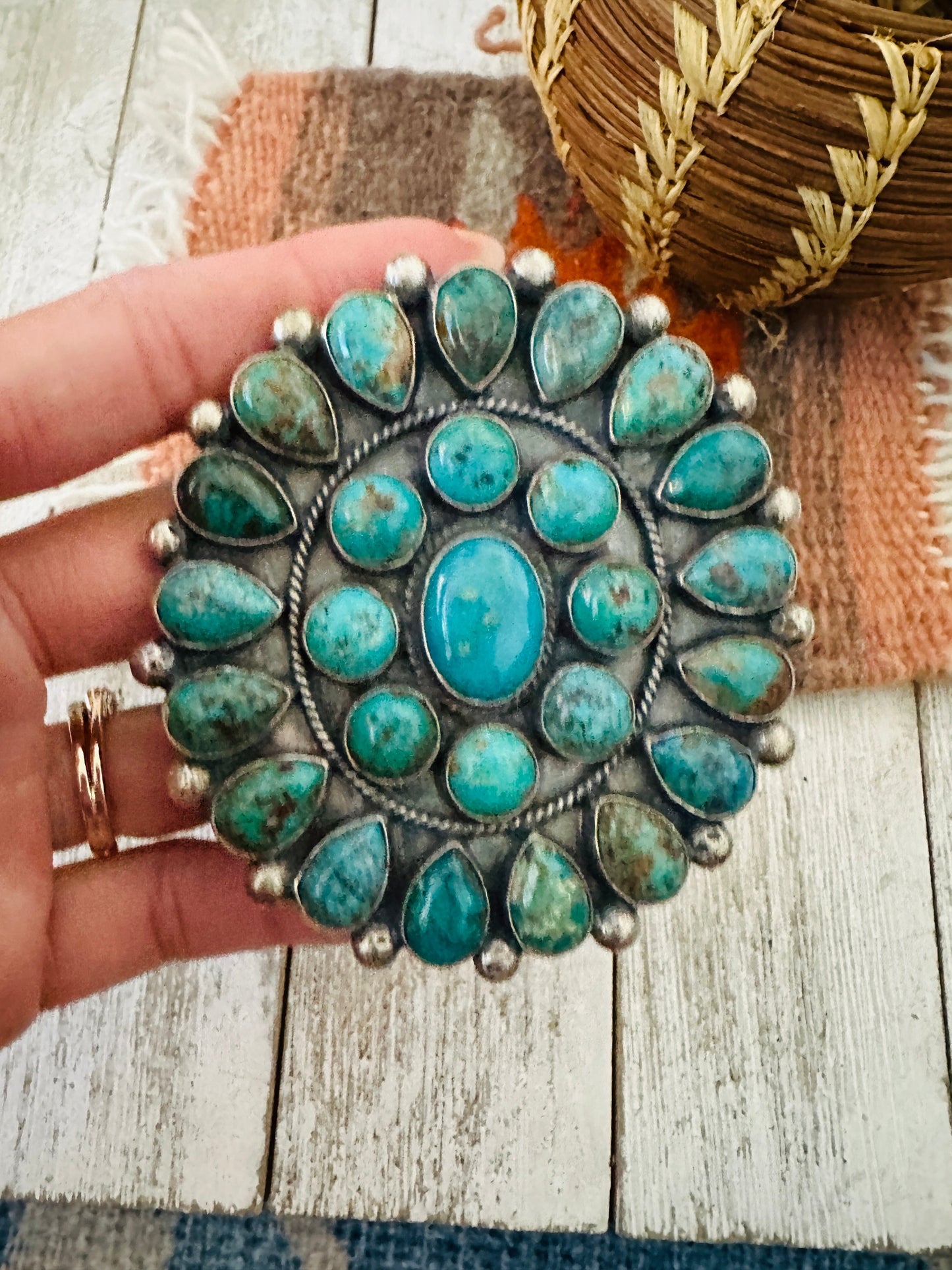 Handcrafted Turquoise & Sterling Silver Cluster Adjustable Ring