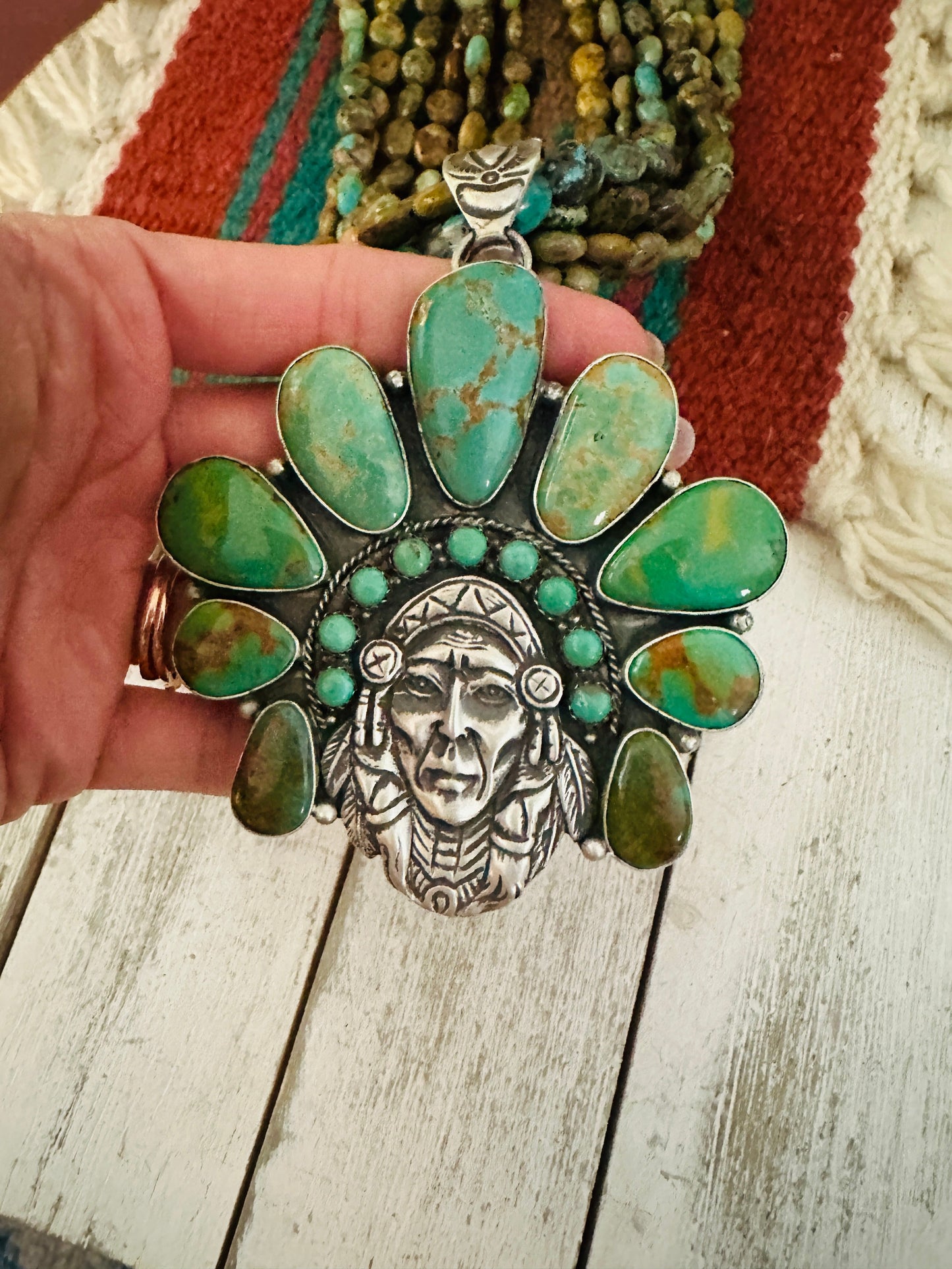 Stunning Handcrafted Sterling Silver & Royston Turquoise Indian Chief Beaded Necklace