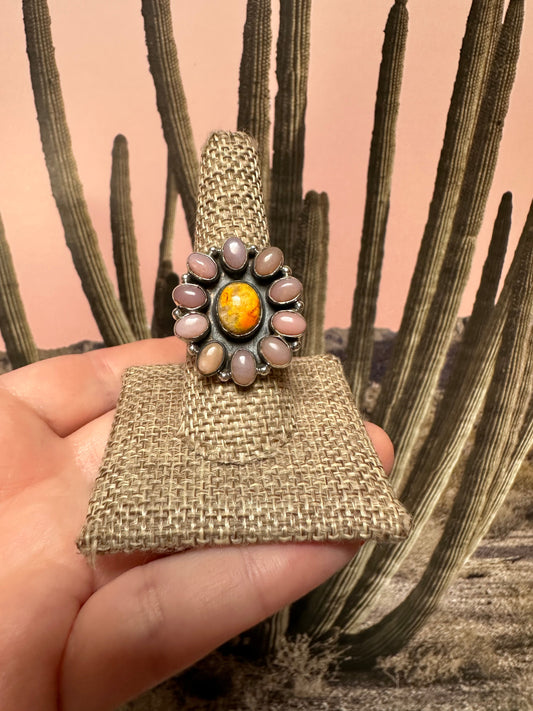 Beautiful Handmade Pink Conch, Bumble Bee And Sterling Silver Adjustable Ring