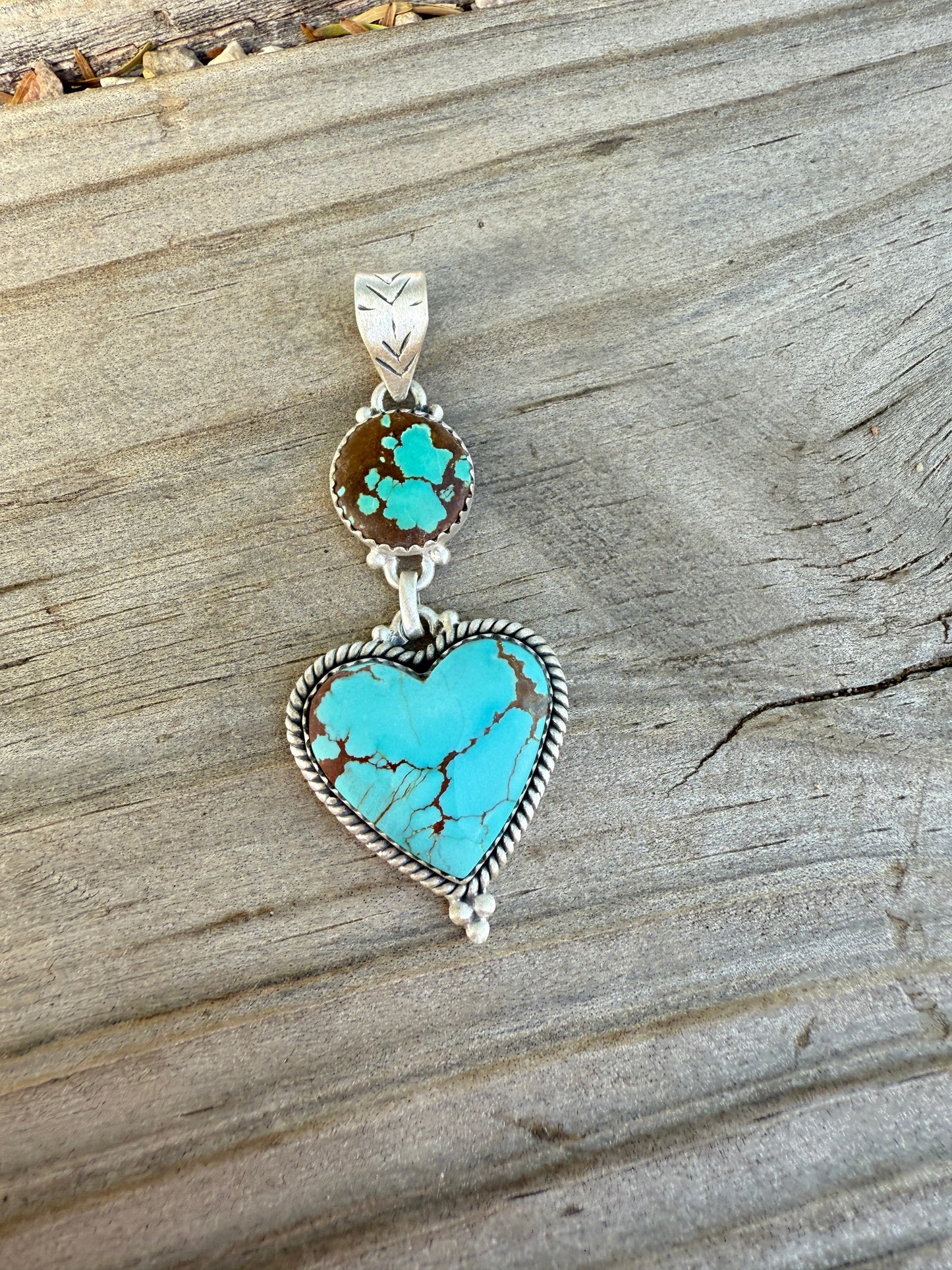 Handmade Sterling Silver Number 8 Turquoise Heart Pendant with Signed Nizhoni