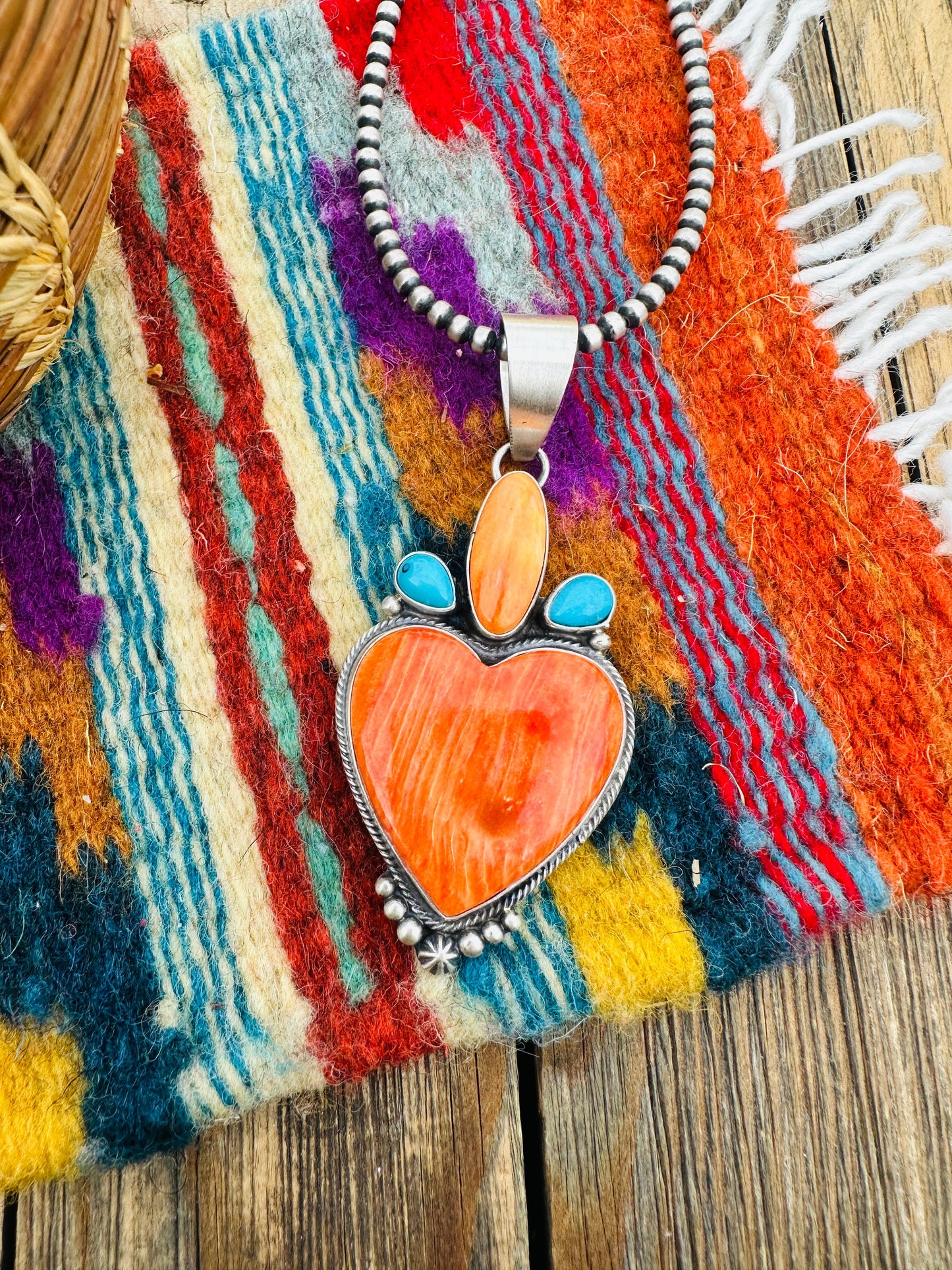 Handcrafted Spiny Oyster, Turquoise & Sterling Silver Heart Pendant