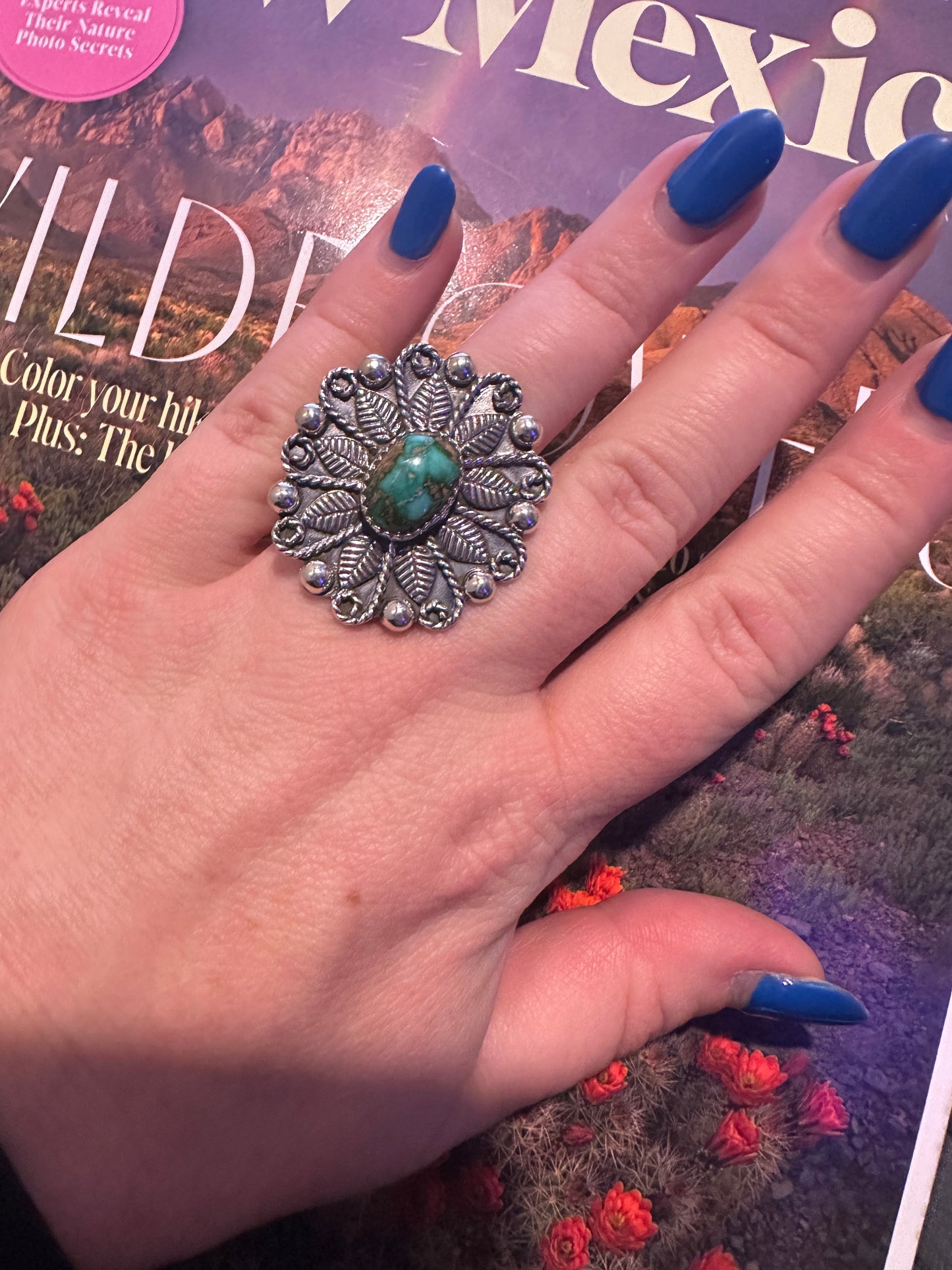 Handmade Sterling Silver Sonoran Mountain Turquoise Adjustable FLOWER Ring Signed Nizhoni