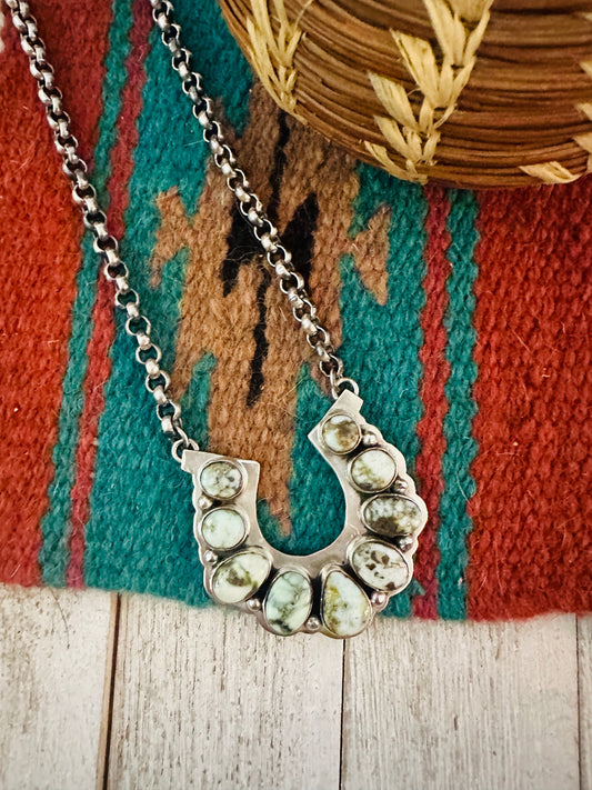 Handcrafted Beaded Sterling Silver & Palomino Turquoise Horseshoe Necklace