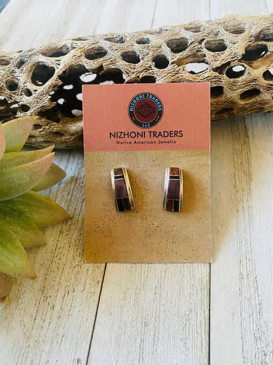 Handcrafted Multi Stone & Sterling Silver Inlay Dangle Earrings Signed