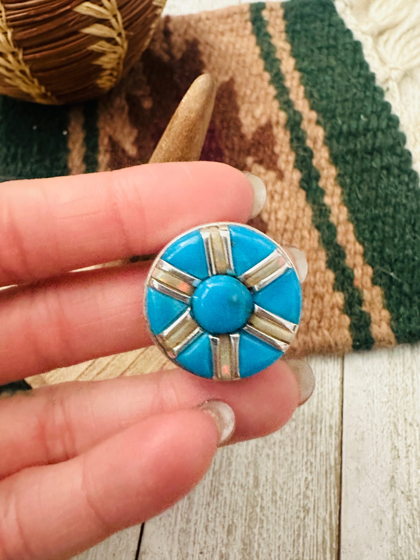 Handcrafted Sterling Silver, Turquoise & Opal Inlay Band Ring Size 7.5