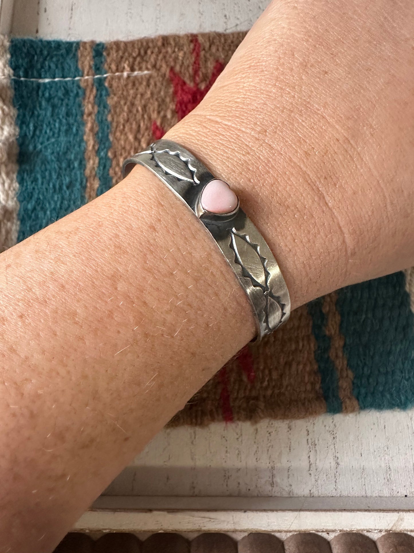 Navajo Sterling Silver & Queen Pink Conch Heart Cuff Bracelet