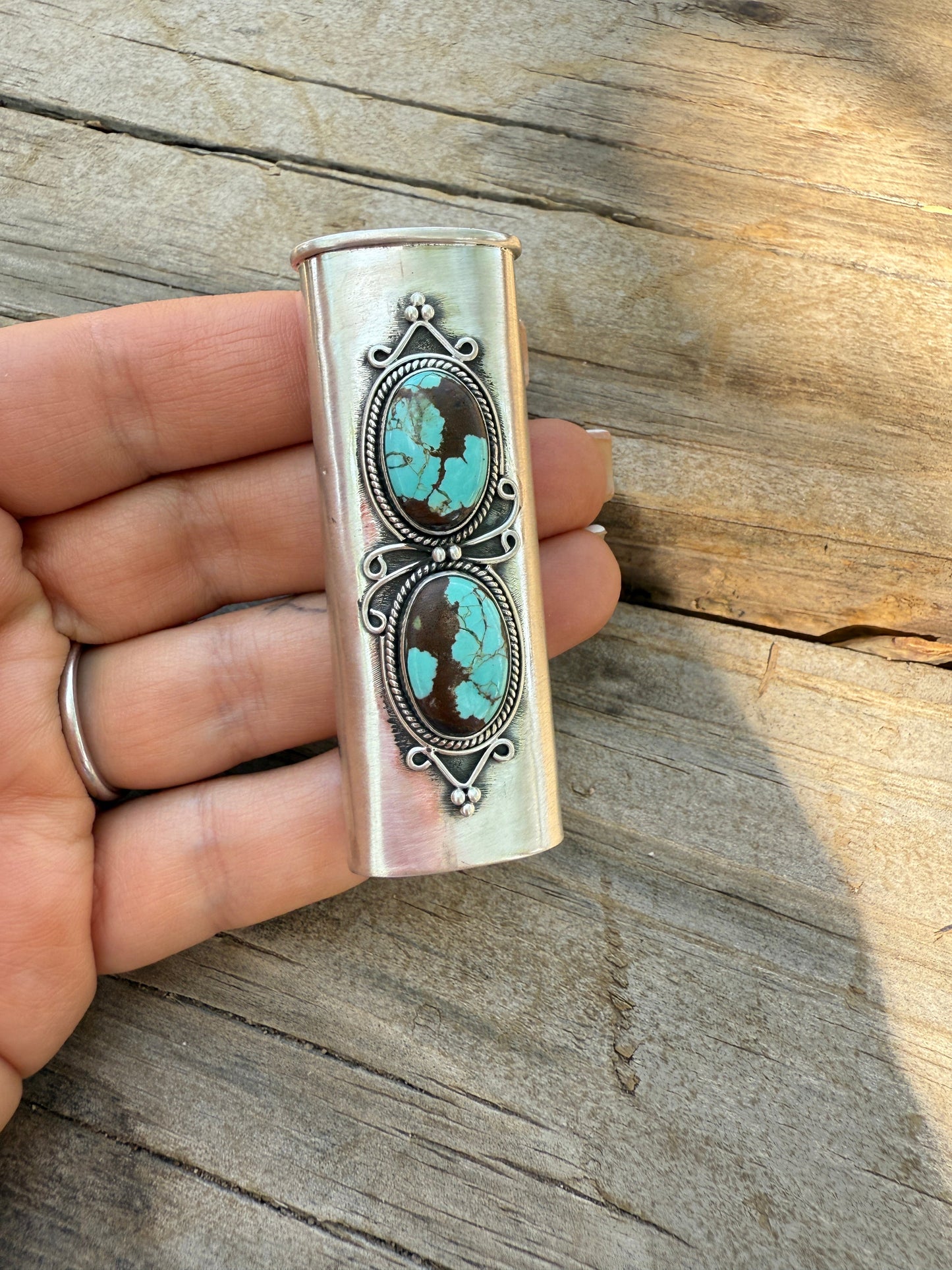 Handmade Sterling Silver & Number 8 Turquoise Lighter Cover