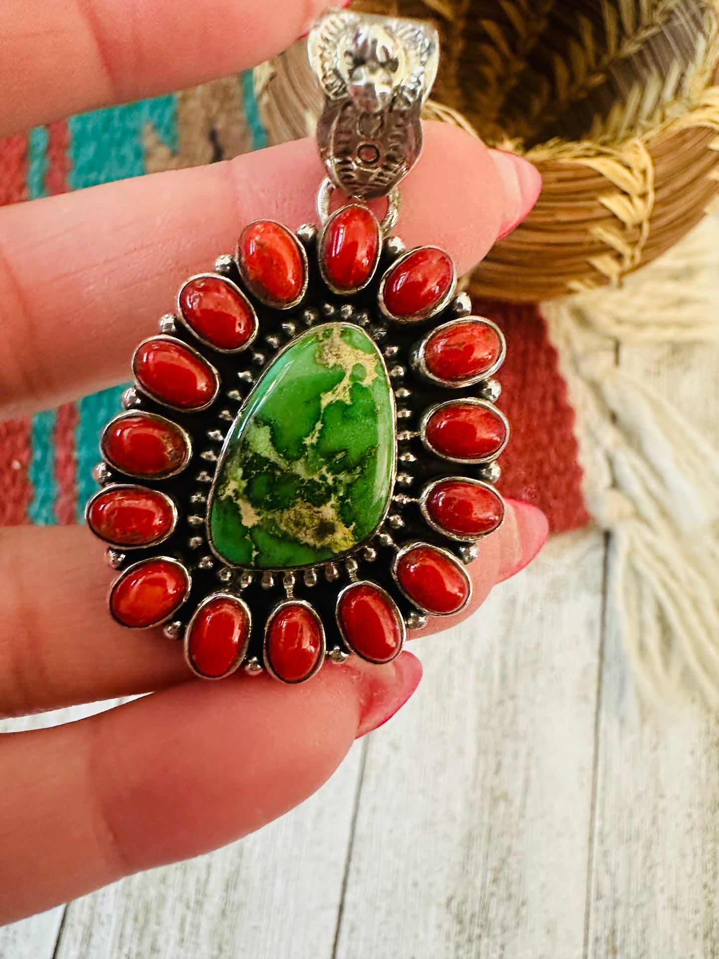 ** Christmas Collection ** Handmade Sterling Silver, Coral & Turquoise Cluster Pendant Signed Nizhoni