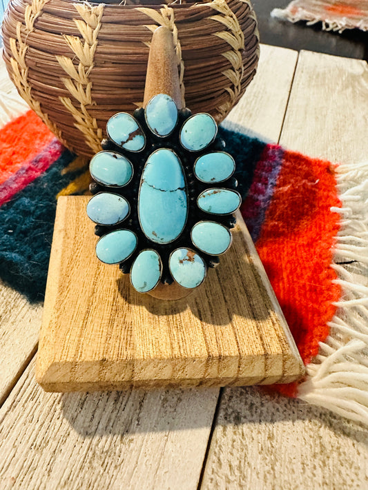 Handcrafted Golden Hills Turquoise & Sterling Silver Cluster Ring by Blaine Yellowhorse, Size 7