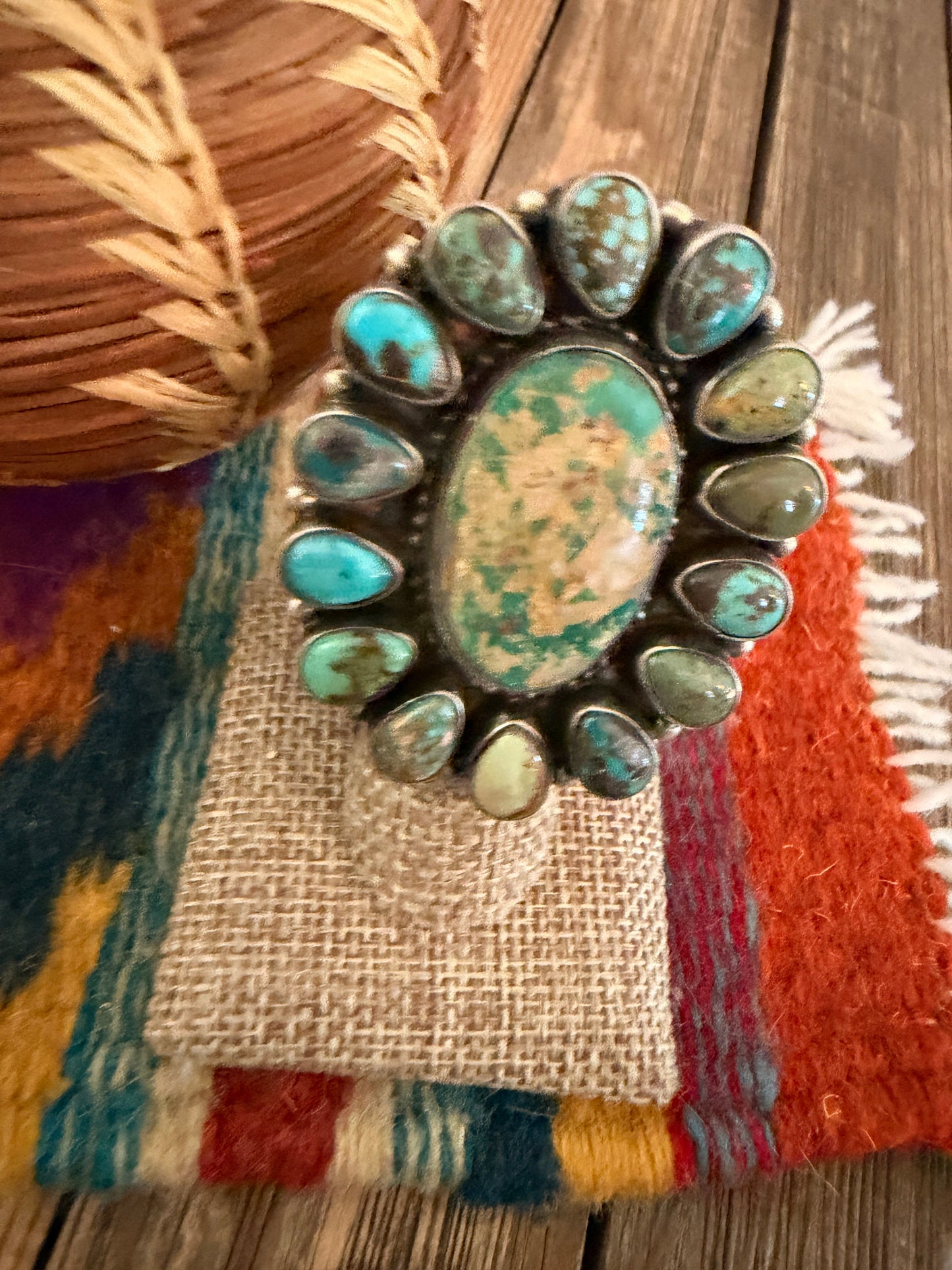 Handcrafted Royston Turquoise & Sterling Silver Cluster Ring Size 6 Sheila Becenti