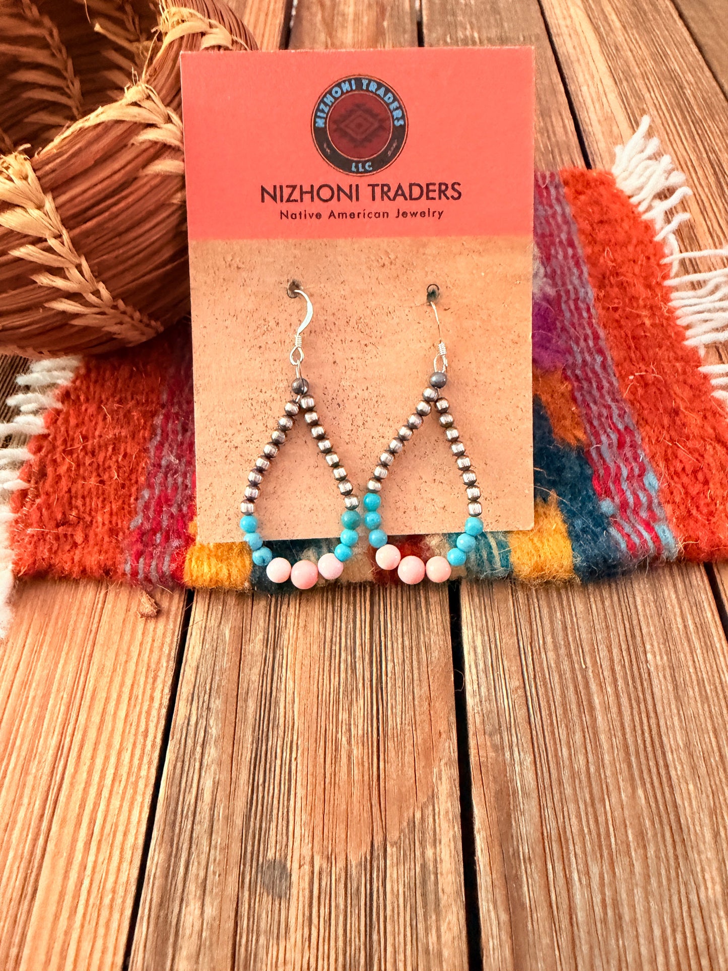 Handcrafted Pink Conch, Turquoise & Sterling Silver Pearl Beaded Dangle Hoop Earrings