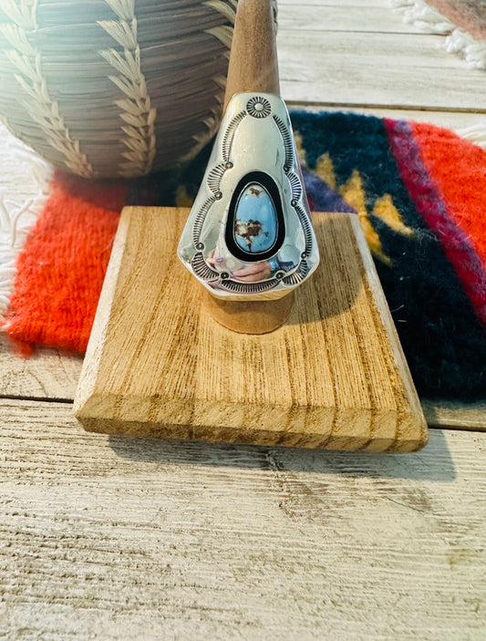 Handcrafted Golden Hills Turquoise & Sterling Silver Shadowbox Ring Size 8