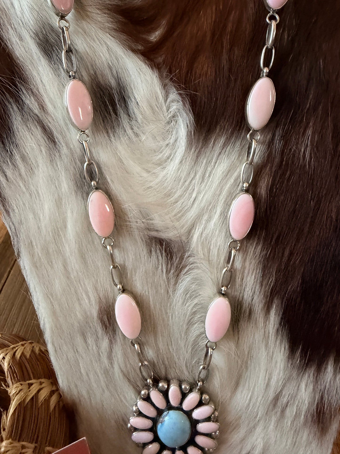 Handcrafted Queen Pink Conch, Turquoise & Sterling Silver Cluster Necklace Set