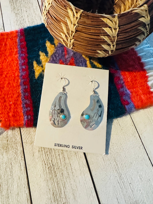 Handcrafted Hand Stamped Sterling Silver & Turquoise Dangle Earrings