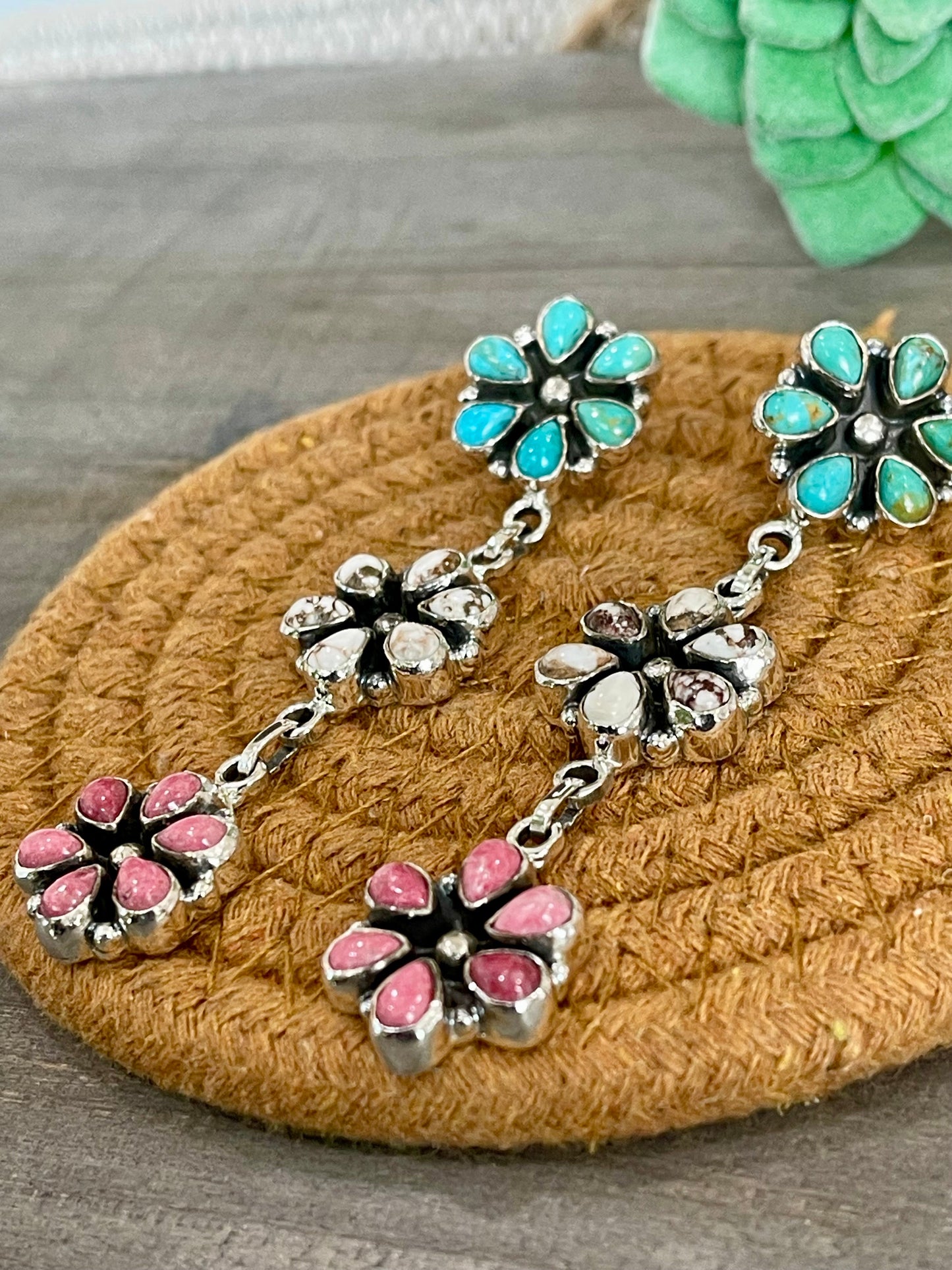 Handmade Sterling Silver, Turquoise & Multi Stone Post Dangle Cluster Earrings