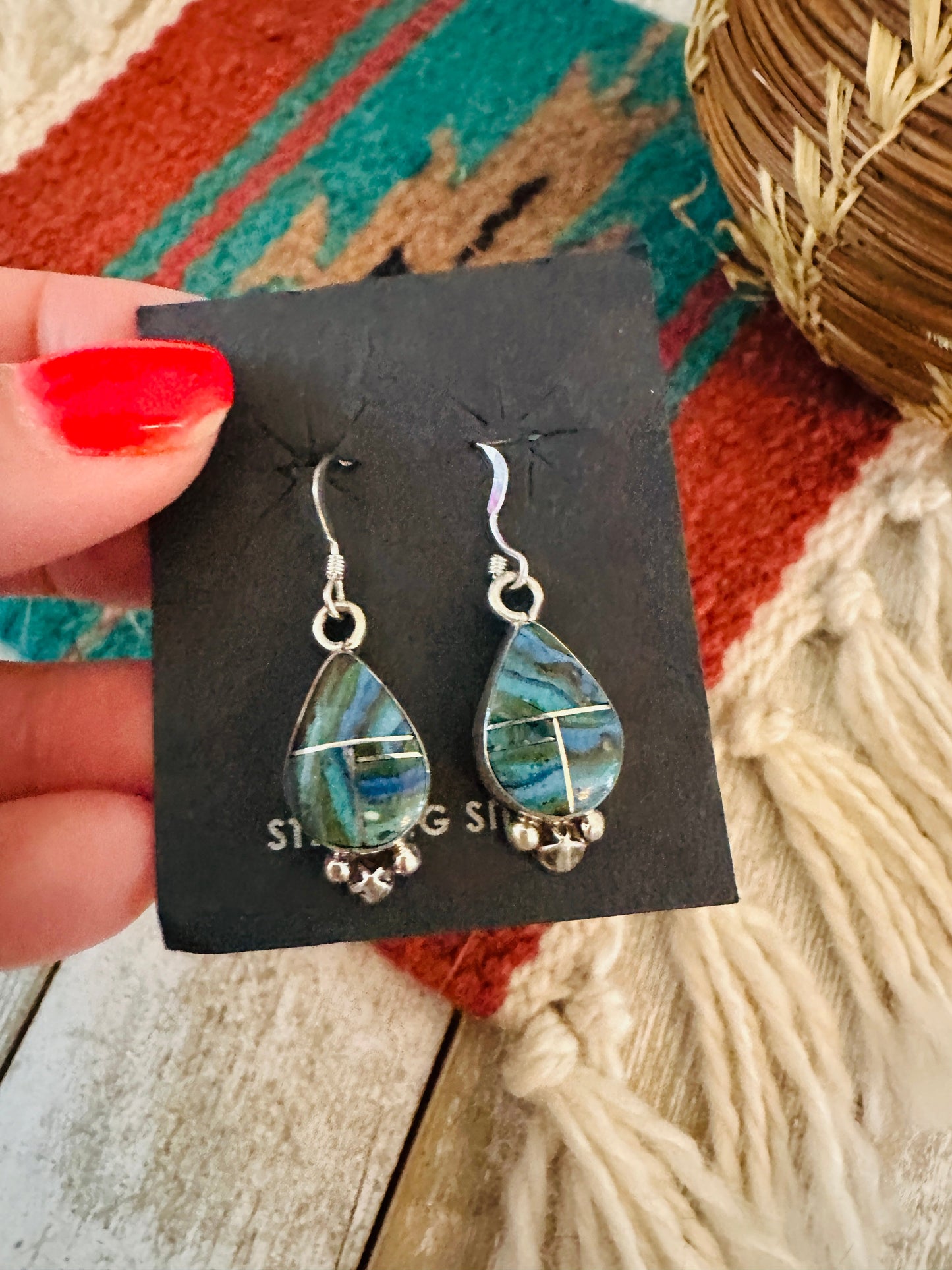 Handcrafted Rainbow Calsilica & Sterling Silver Inlay Dangle Earrings