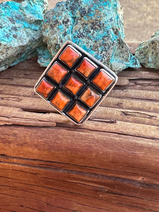 Beautiful Handmade Sterling Silver And Orange Mojave Square Adjustable Ring