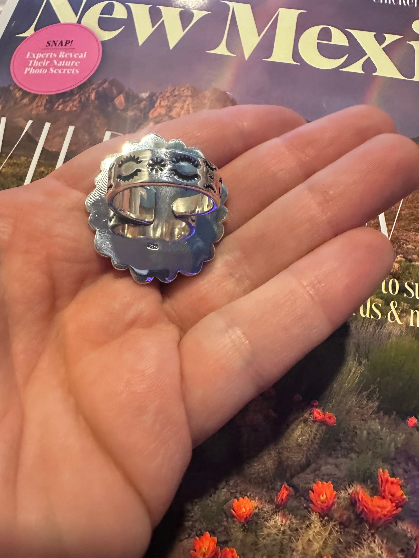 Handmade Sterling Silver Sonoran Mountain Turquoise Adjustable FLOWER Ring Signed Nizhoni