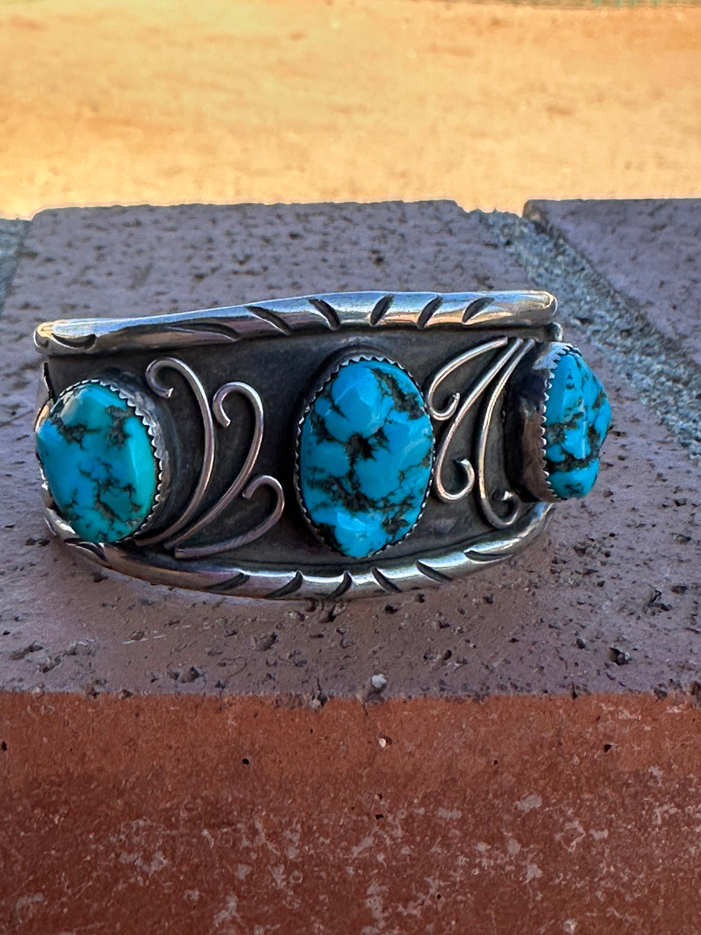 Estate Collection Old Pawn Handcrafted Sterling Silver & Natural Kingman 3 Stone Turquoise Cuff Bracelet /