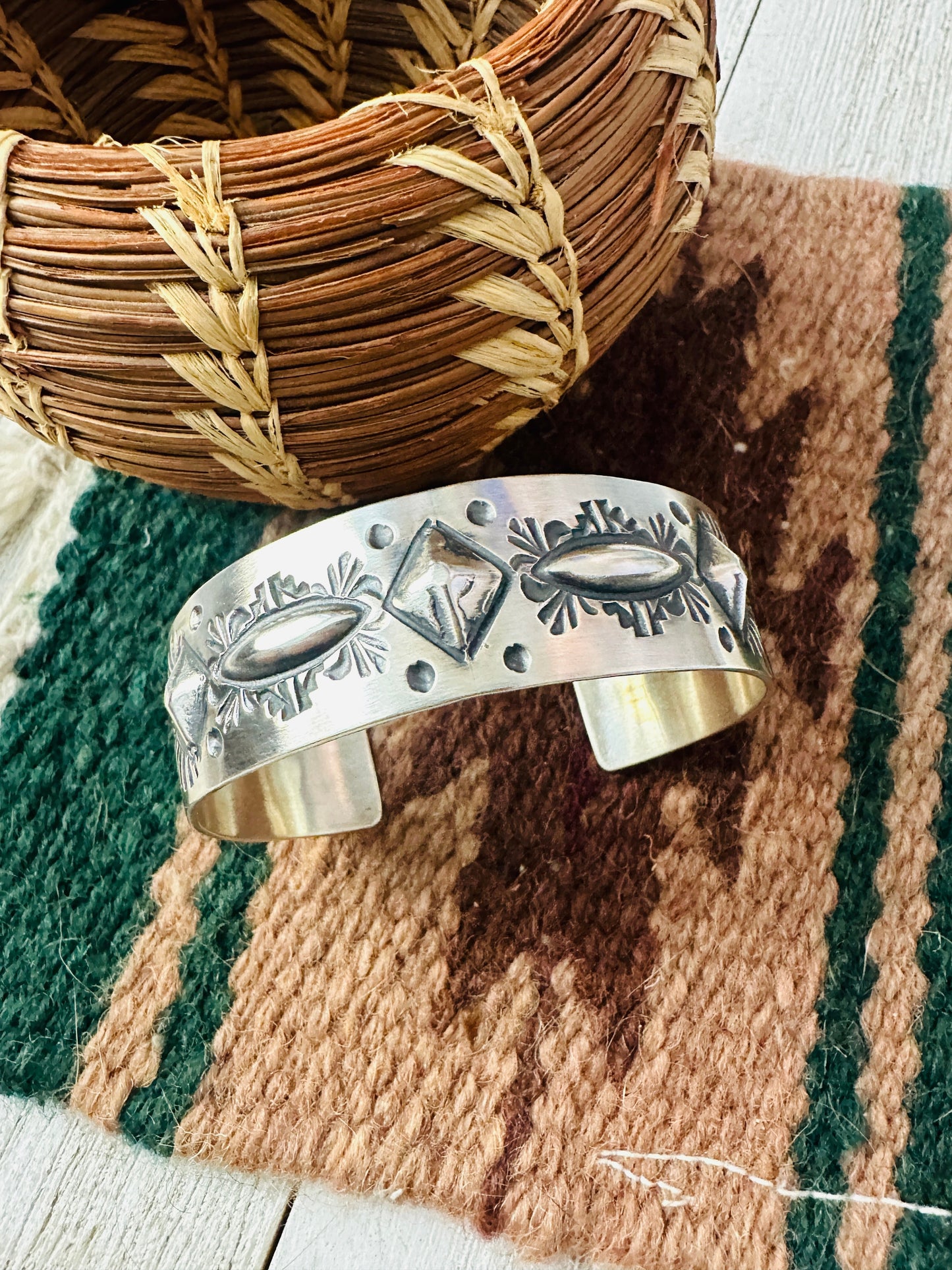 Handcrafted Stamped Sterling Silver Cuff Bracelet By Elvira Bill