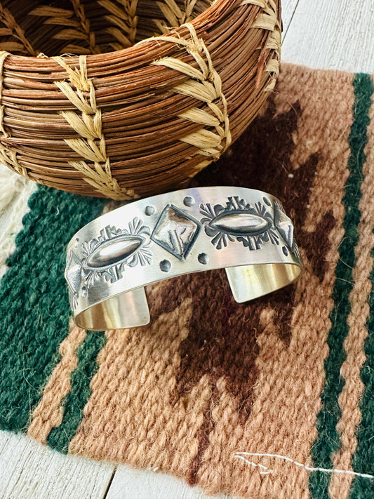 Handcrafted Stamped Sterling Silver Cuff Bracelet By Elvira Bill