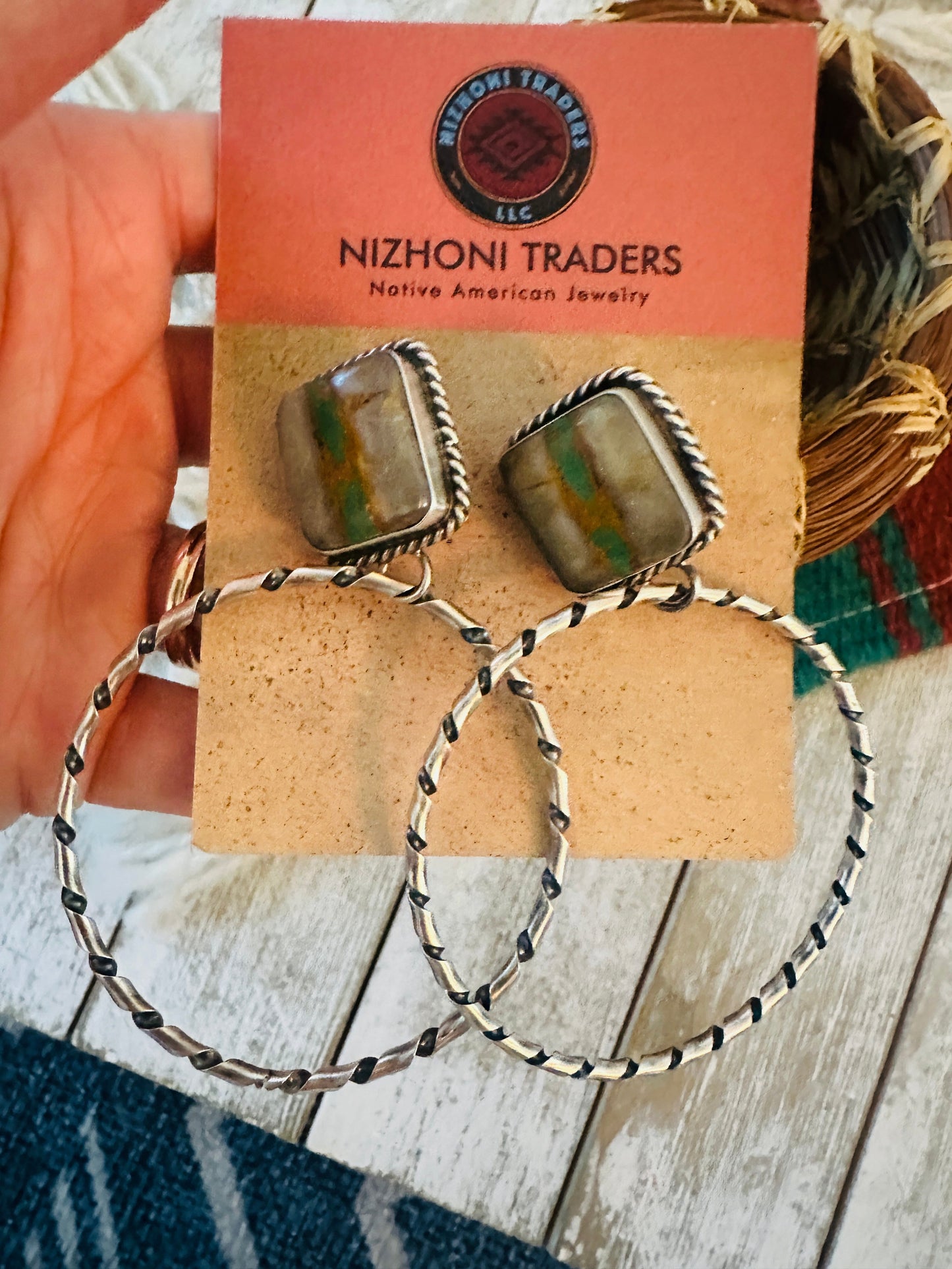 Handcrafted Ribbon Turquoise and Sterling Silver Dangle Hoop Earrings