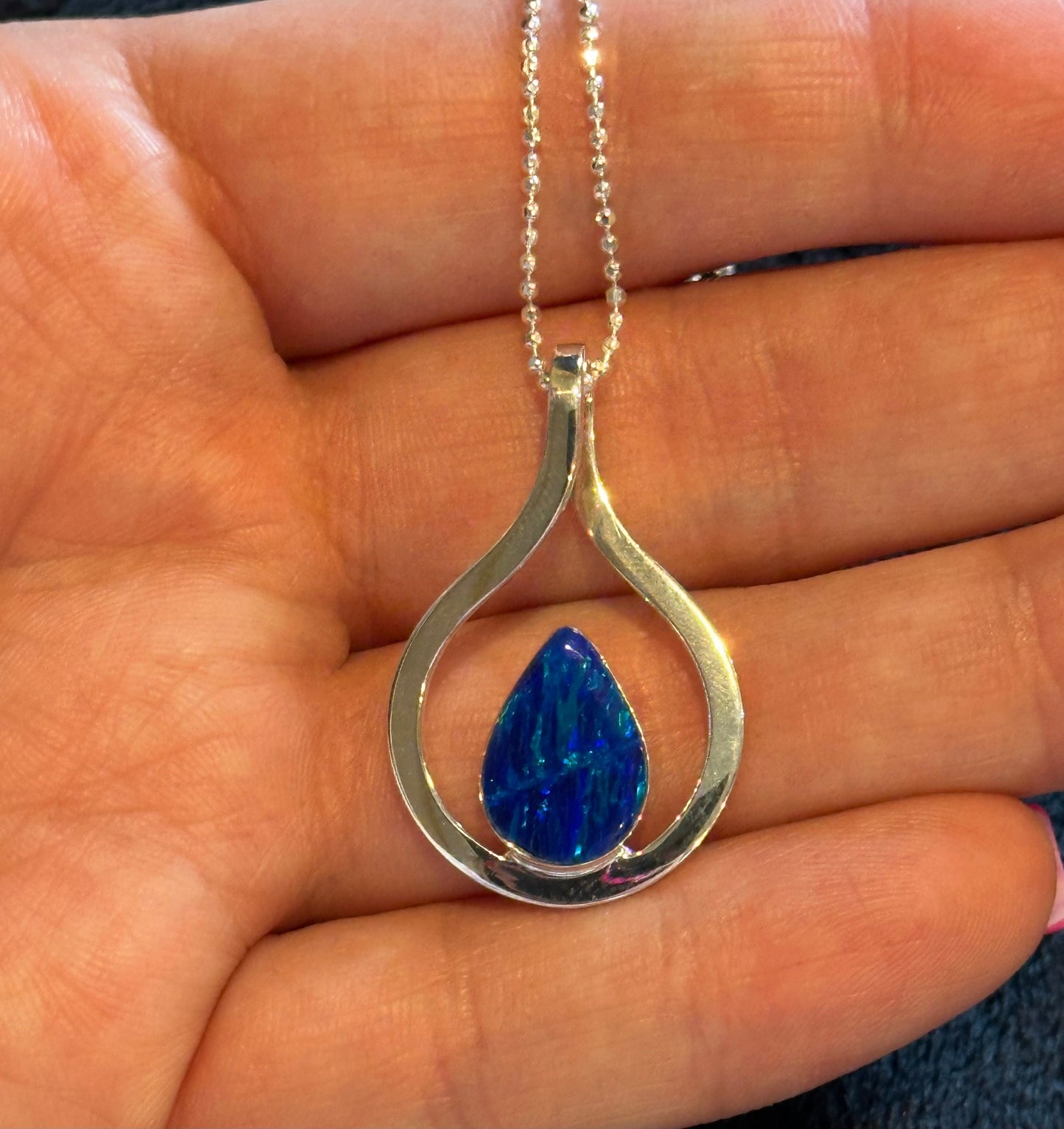 Dark Blue Opal Teardrop in Sterling Silver Frame Necklace
