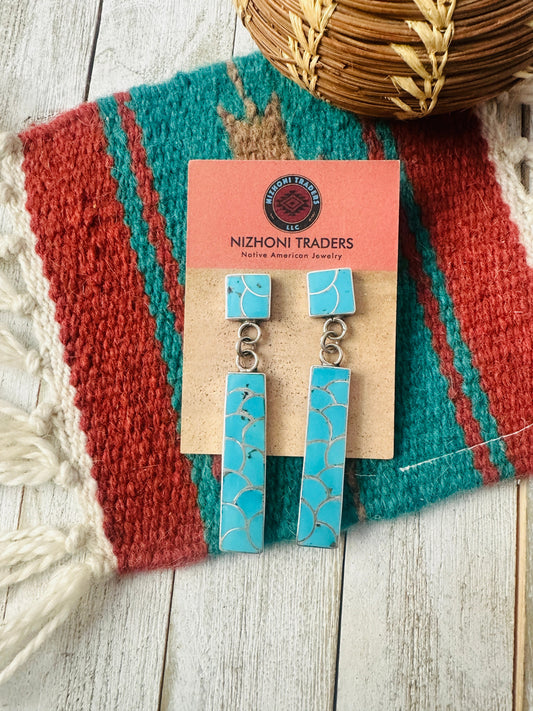 Handcrafted Sterling Silver & Turquoise Inlay Dangle Earrings