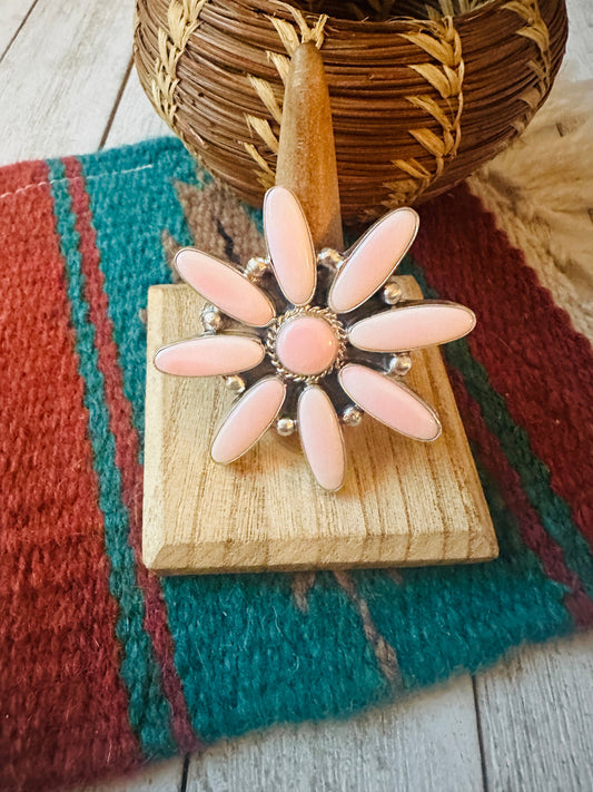 Handcrafted Sterling Silver & Queen Pink Conch Adjustable Flower Ring
