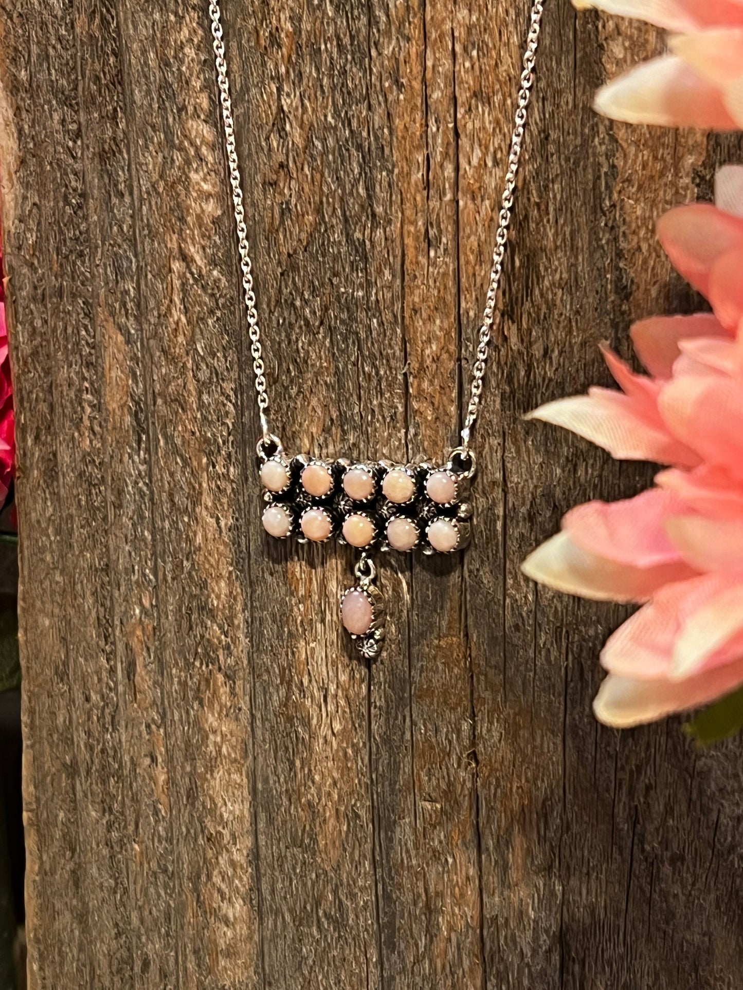 Handmade Sterling Silver & Pink Opal Tear Drop Dangle, Bar Necklace