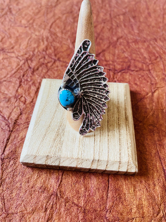 Handcrafted Kingman Turquoise & Sterling Silver Indian Chief Ring Size 9