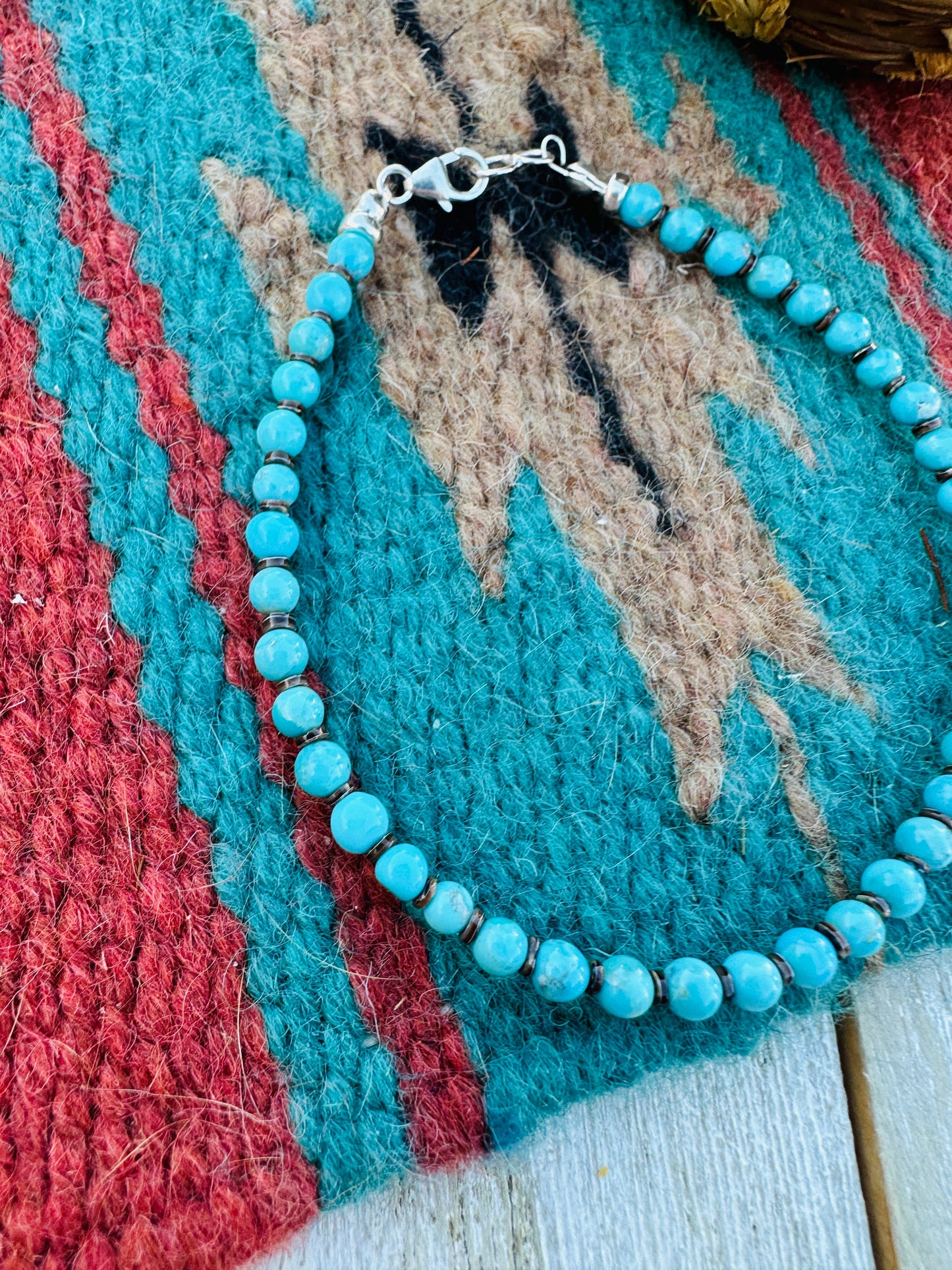 Handcrafted Turquoise & Sterling Silver Beaded Bracelet 7.5"