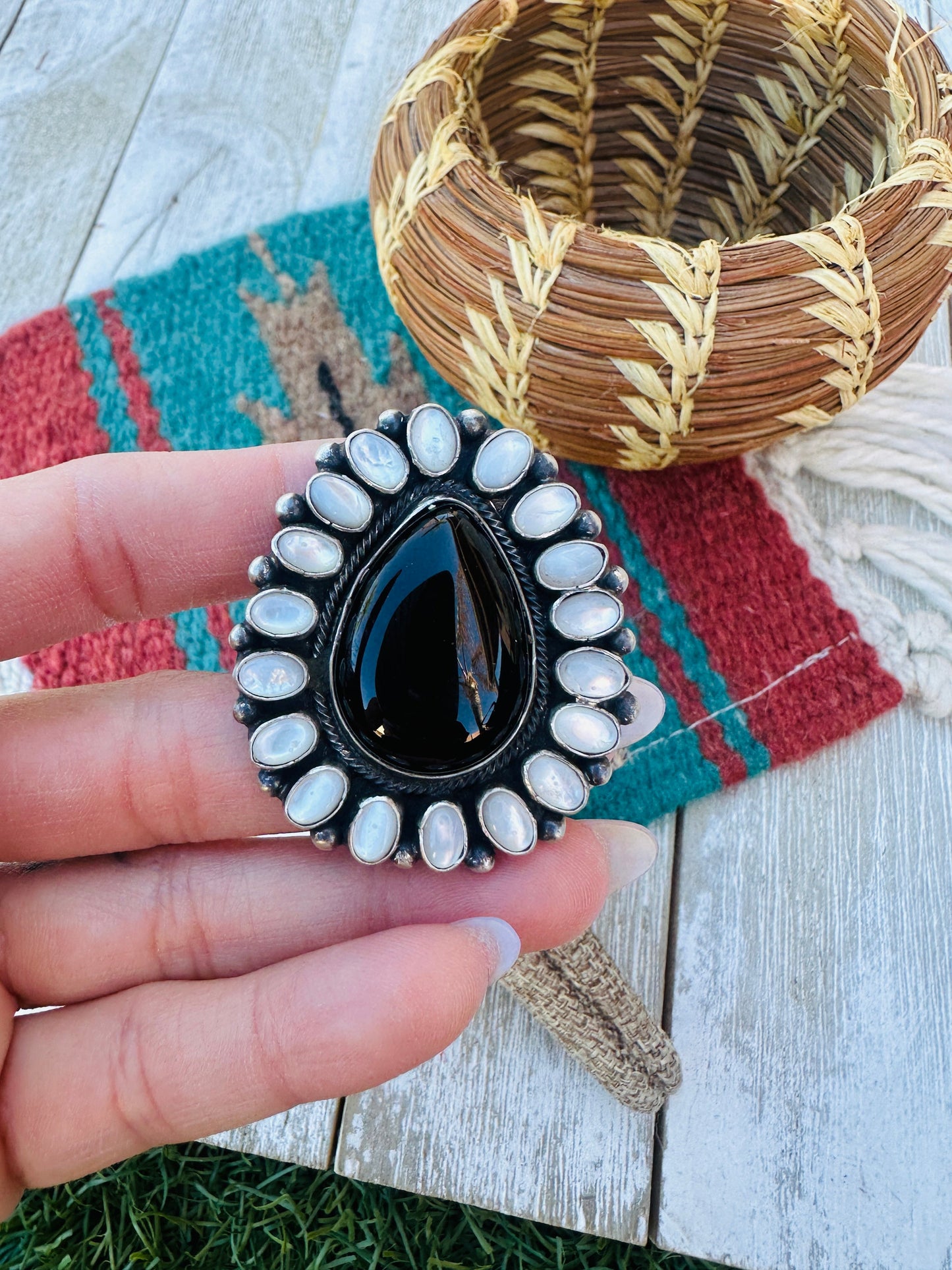 Hand Crafted Mother of Pearl, Onyx & Sterling Silver Cluster Adjustable Ring