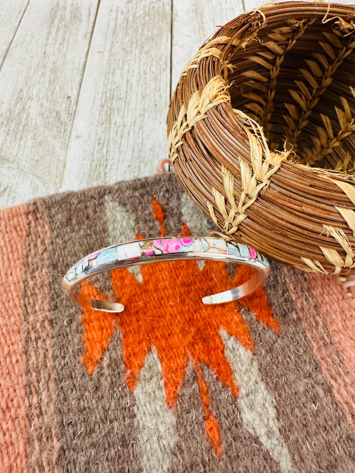Handcrafted Cotton Candy & Sterling Silver Inlay Cuff Bracelet